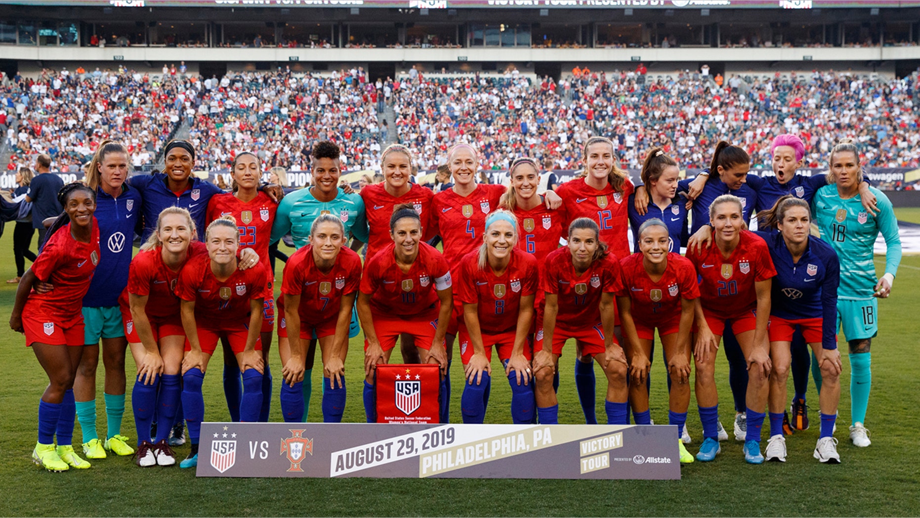 U.S. players pose for photos before an international friendly soccer match against Portugal, Thursday, Aug. 29, 2019, in Philadelphia. (AP Photo/Matt Slocum)