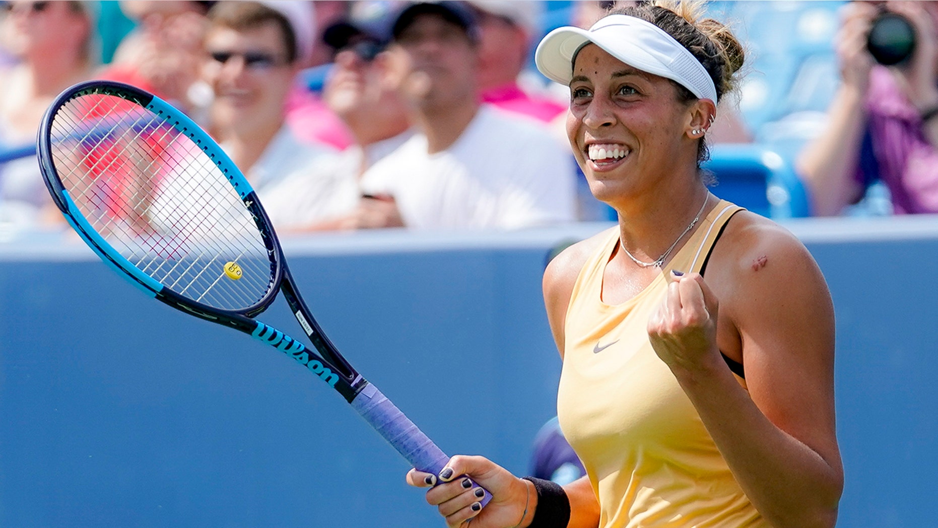 Madison Keys, of the United States, celebrates after defeating Svetlana Kuznetsova, of Russia, in the women's final match during the Western & Southern Open tennis tournament Sunday, Aug. 18, 2019, in Mason, Ohio. (AP Photo/John Minchillo)