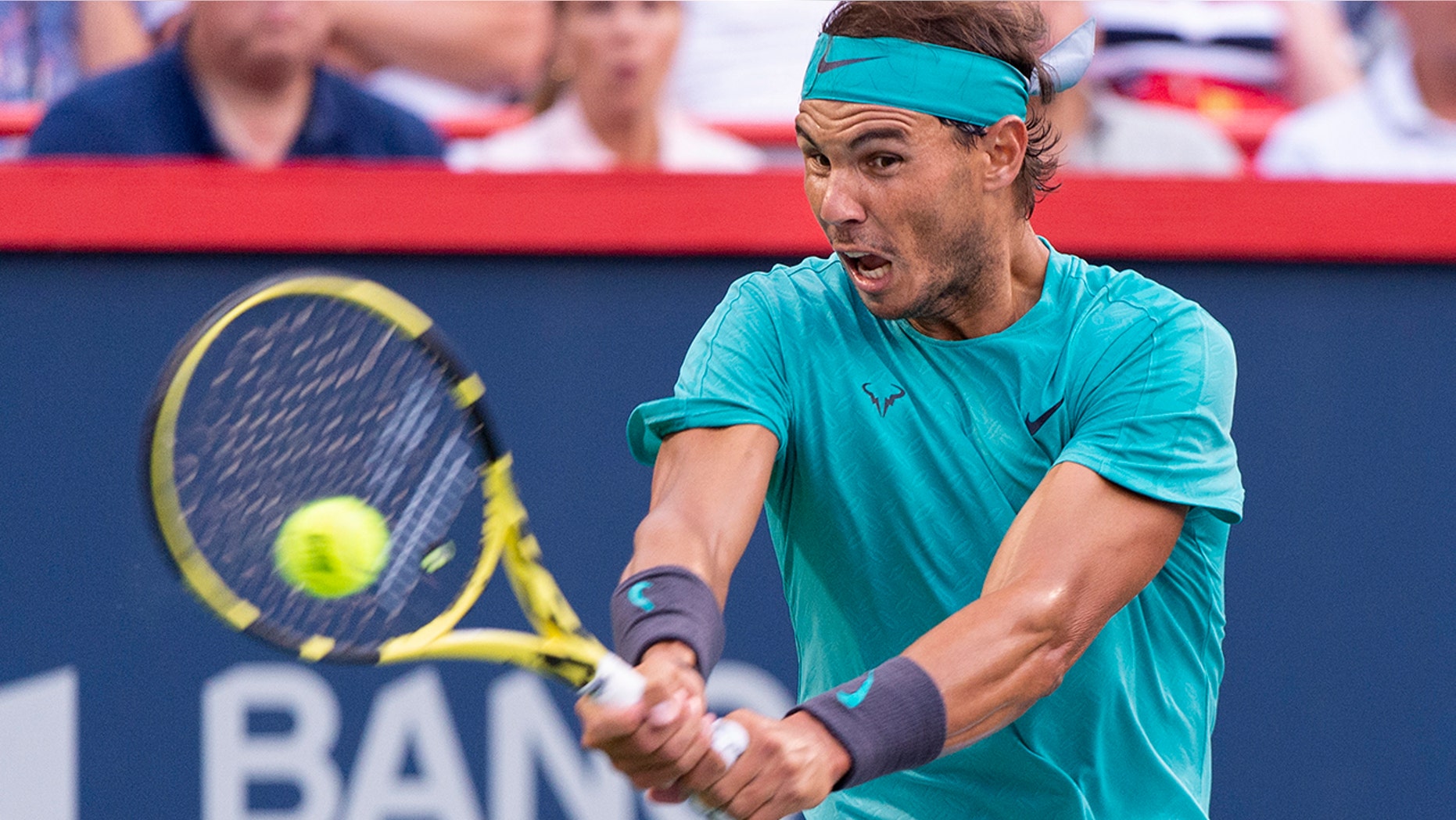 Rafael Nadal, of Spain, returns to Guido Pella, of Argentina, during the Rogers Cup men’s tennis tournament Thursday, Aug. 8, 2019, in Montreal. (Paul Chiasson/The Canadian Press via AP)