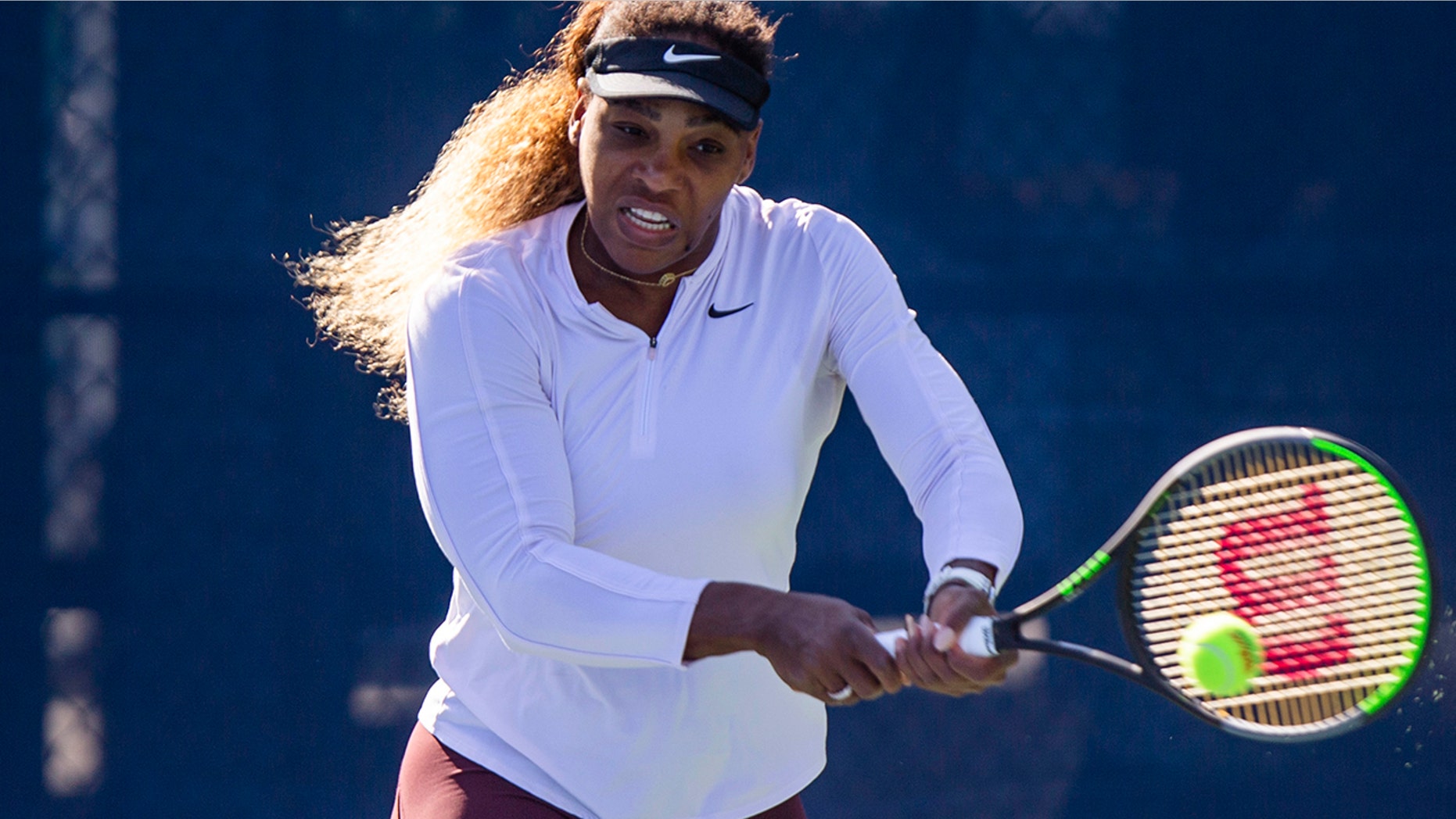 Serena Williams, of the United States, returns the ball as she practices for the U.S. Open tennis tournament Saturday, Aug. 24, 2019, in New York. (AP Photo/Eduardo Munoz Alvarez)