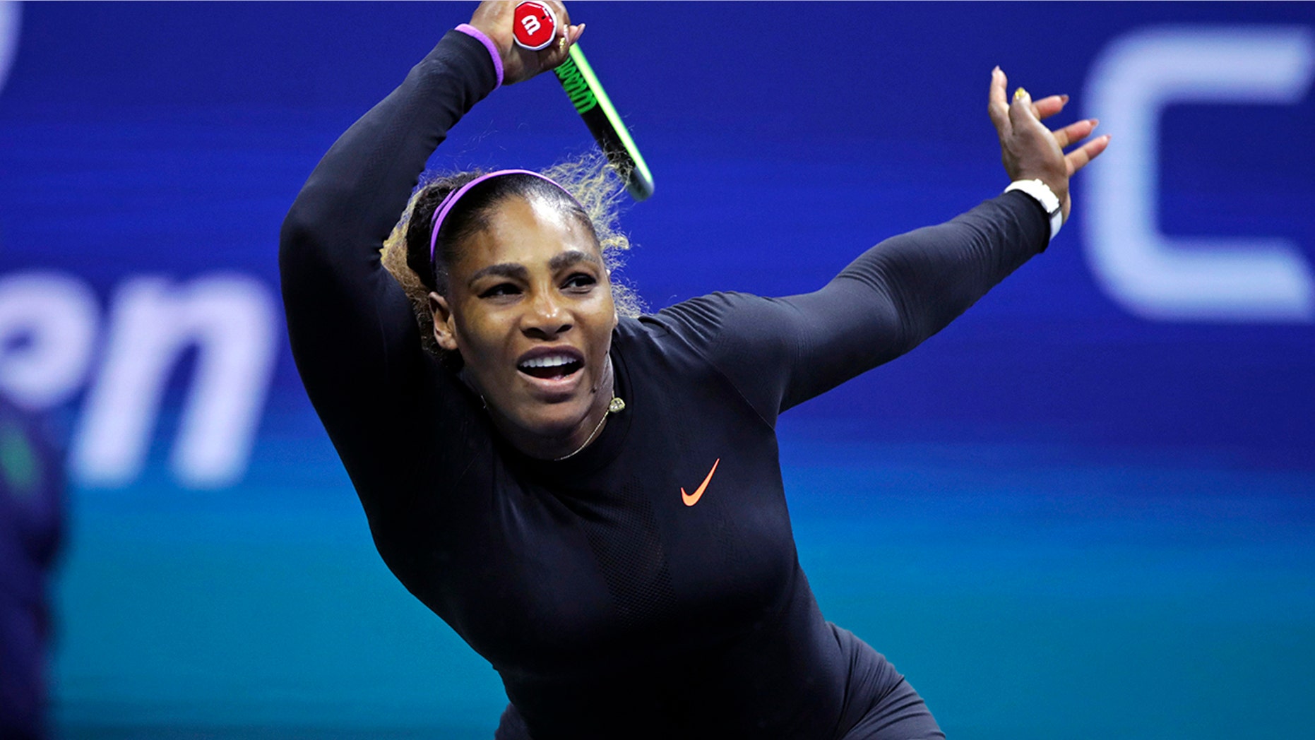 Serena Williams returns to Maria Sharapova during the first round of the U.S. Open tennis tournament in New York, Monday, Aug. 26, 2019. (AP Photo/Charles Krupa)