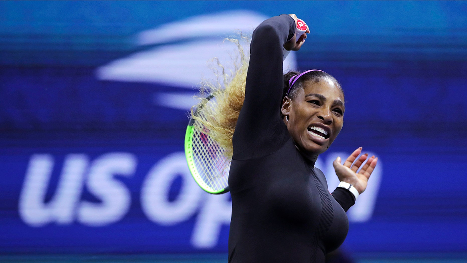 Serena Williams returns to Maria Sharapova during the first round of the U.S. Open tennis tournament in New York, Monday, Aug. 26, 2019. (AP Photo/Charles Krupa)