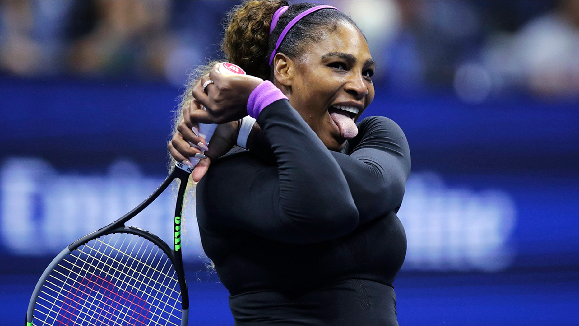 Serena Williams, of the United States, reacts after winning a point at the net against Caty McNally, of the United States, during the second round of the U.S. Open tennis tournament in New York, Wednesday, Aug. 28, 2019. (AP Photo/Charles Krupa)