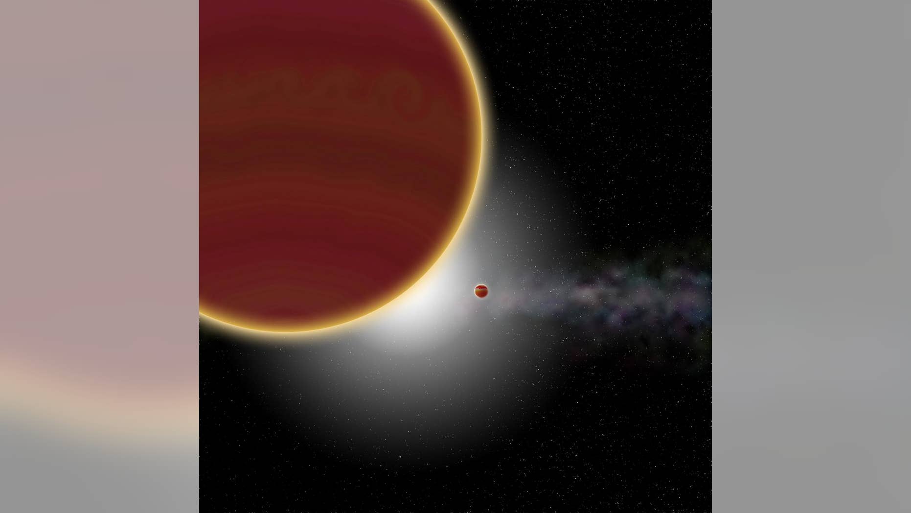 An artist's depiction of the newly discovered planet Beta Pictoris c, top left, as seen with its solar system neighbor Beta Pictoris b and backlit by the star itself. (Image: © P Rubini/AM Lagrange)