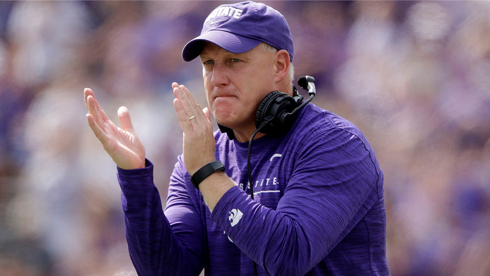 Kansas State head coach Chris Klieman cheers on his players during the first half of an NCAA college football game against Bowling Green Saturday, Sept. 7, 2019, in Manhattan, Kan. (AP Photo/Charlie Riedel)