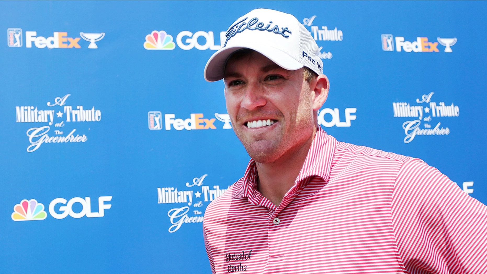 Robby Shelton speaks to the media after finishing the first round of A Military Tribute at The Greenbrier golf tournament in White Sulphur Springs, W.Va, Thursday, Sept. 12, 2019. (Chris Jackson/The Register-Herald via AP)