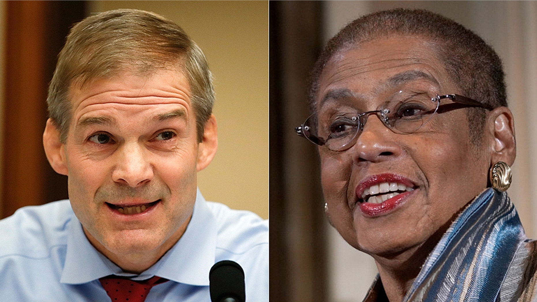 Ohio Rep. Jim Jordan, left, the top Republican on the House Oversight and Reform Committee, aired concerns about recent scandals involving D.C. city officials. Del. Eleanor Holmes Norton has sponsored a D.C. statehood bill.