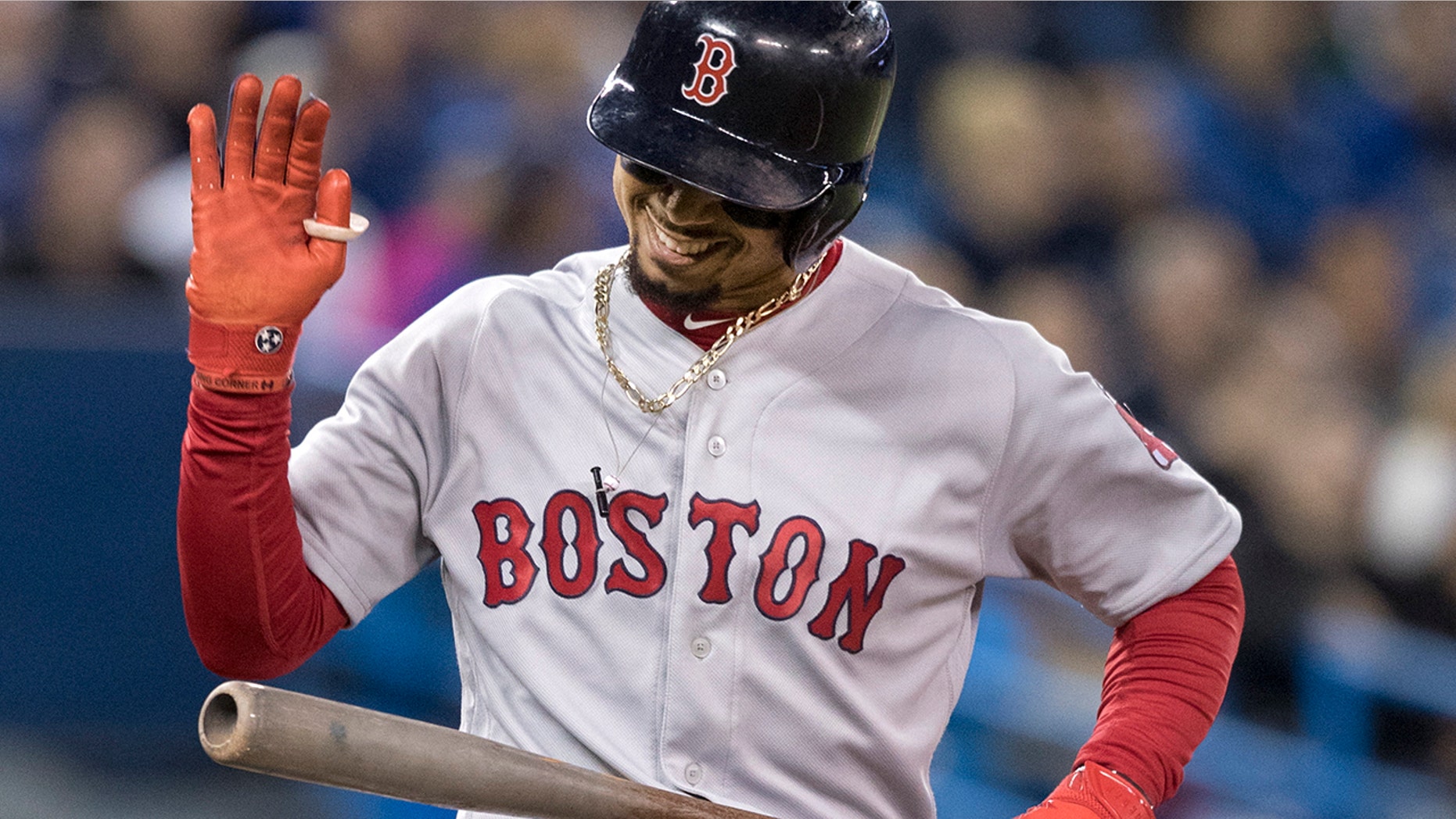 Boston Red Sox's Mookie Betts reacts after popping out in the third inning against the Toronto Blue Jays in a baseball game Thursday, Sept. 12, 2019, in Toronto. (Fred Thornhill/The Canadian Press via AP)