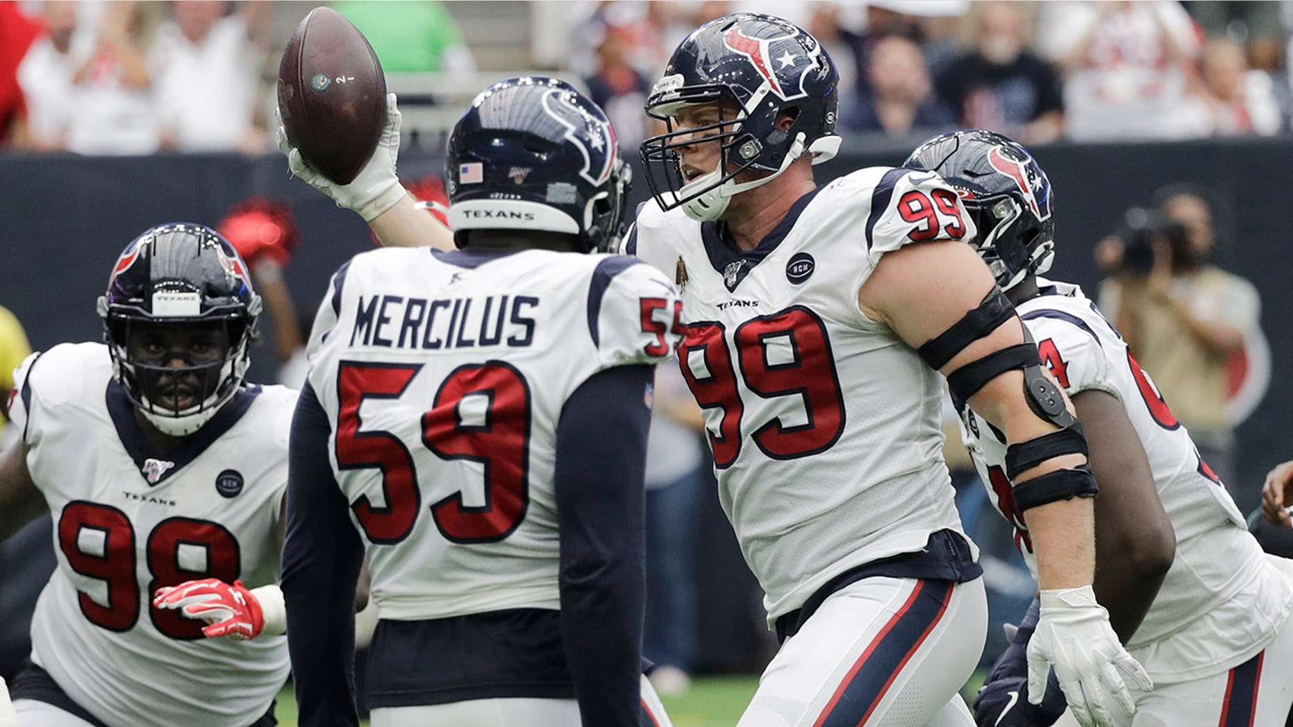 Houston Texans defensive end J.J. Watt (99) celebrates after he recovered a ball fumbled by Jacksonville Jaguars quarterback Gardner Minshew during the second half of an NFL football game Sunday, Sept. 15, 2019, in Houston. (AP Photo/David J. Phillip)