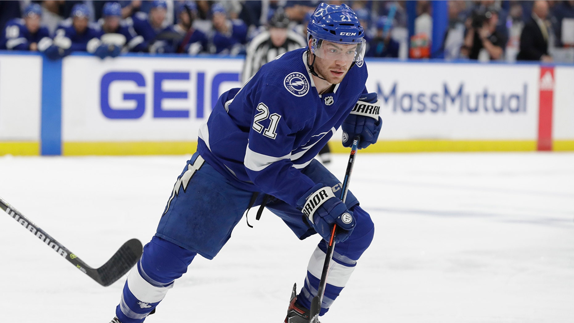 FILE - In this April 12, 2019, file photo, Tampa Bay Lightning center Brayden Point (21) is shown during the second period of Game 2 of an NHL Eastern Conference first-round hockey playoff series against the Columbus Blue Jackets, in Tampa, Fla. (AP Photo/Chris O'Meara, File)