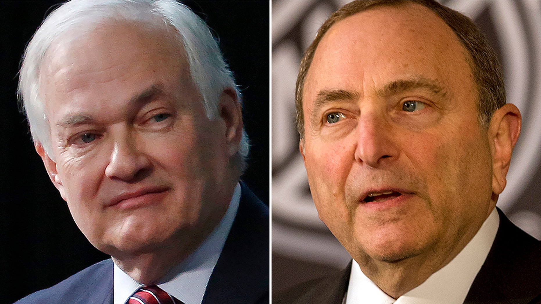FILE - At left, in a 2015 file photo, is NHL Players Association executive director Donald Fehr. At right, in a 2018 file photo, is NHL commissioner Gary Bettman. (AP Photo/File)