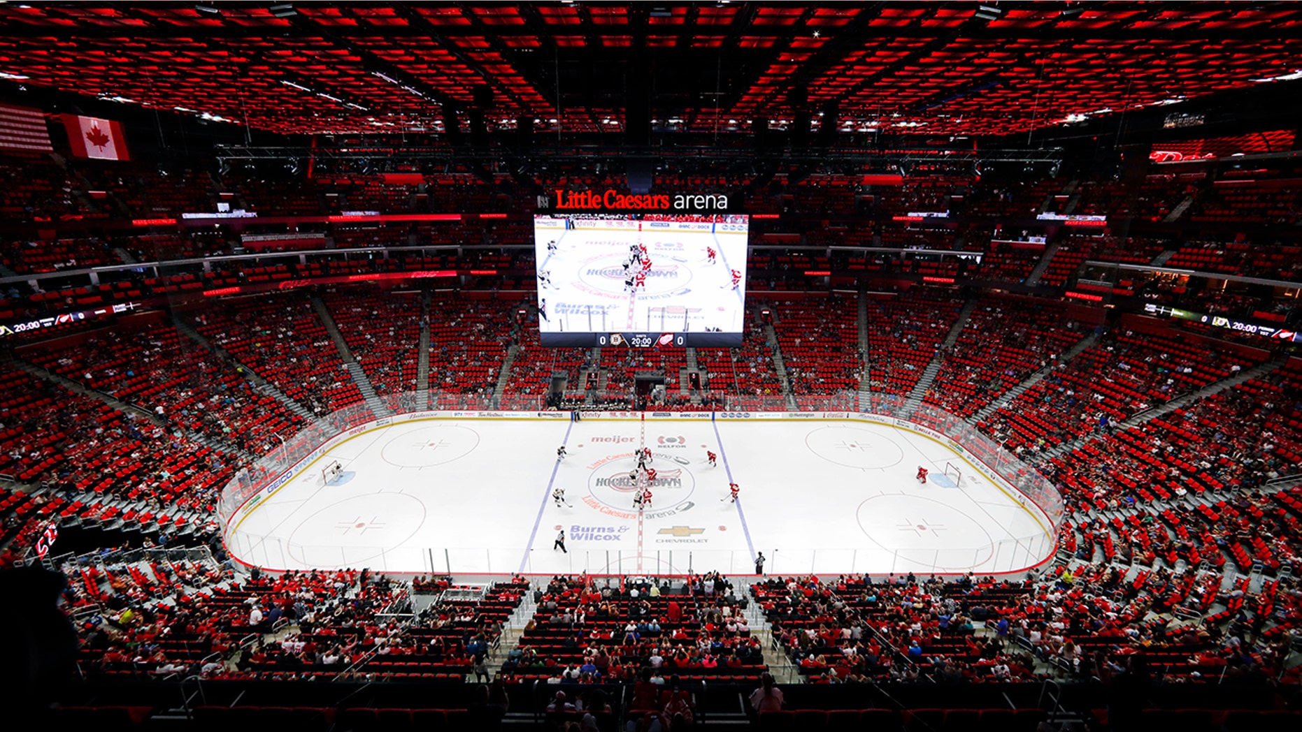 FILE - In this Sept. 23, 2017, file photo, the Detroit Red Wings play an NHL preseason game against the Boston Bruins at Little Caesars Arena in Detroit. The Red Wings are desperately trying to keep fans filing into Little Caesars Arena while the allure of the relatively new facility wears off while the team goes through a painful rebuild. (AP Photo/Paul Sancya, File)
