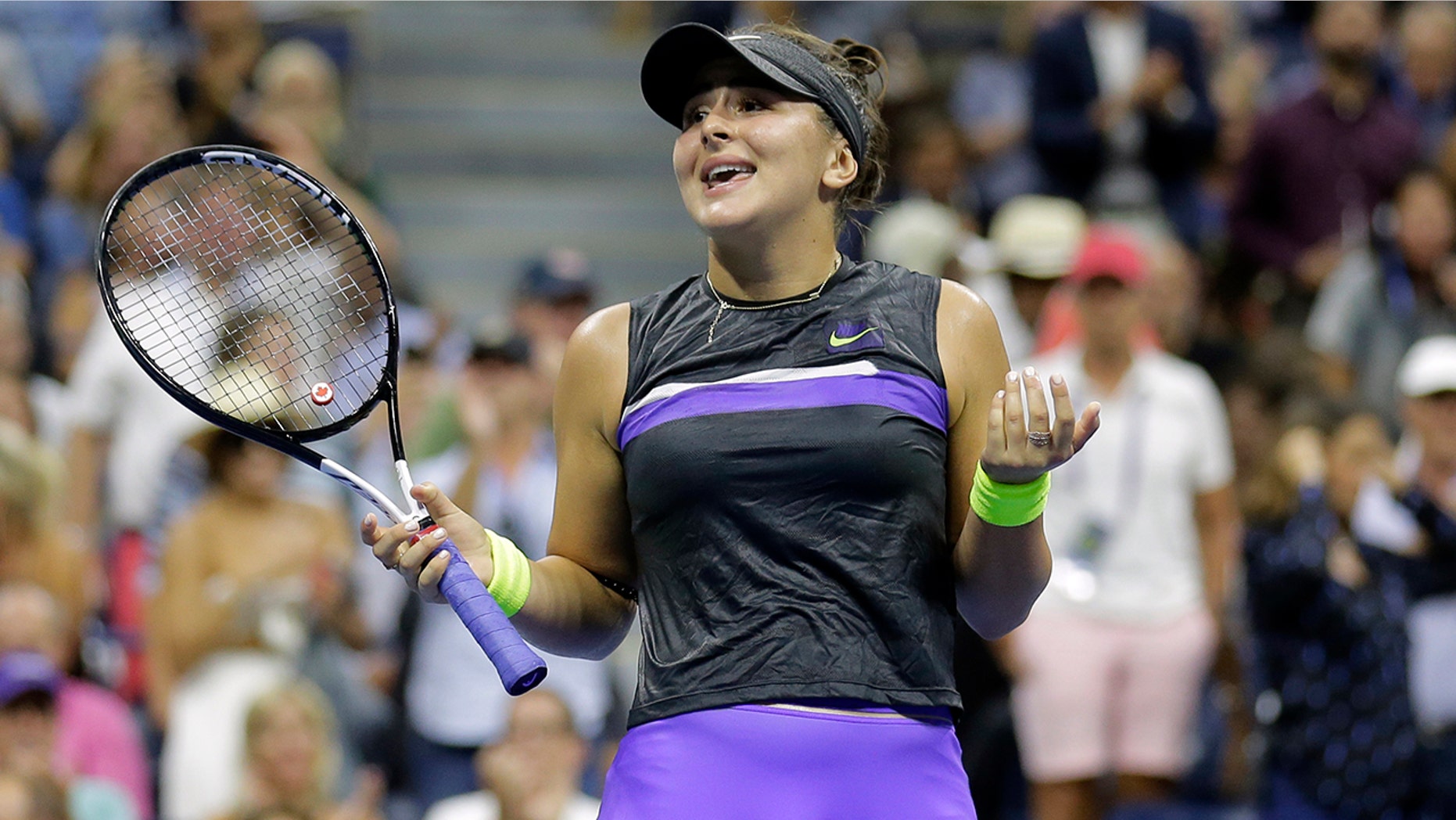 Bianca Andreescu, of Canada, reacts after defeating Elise Mertens, of Belgium, during the quarterfinals of the U.S. Open tennis tournament, Wednesday, Sept. 4, 2019, in New York. (AP Photo/Seth Wenig)