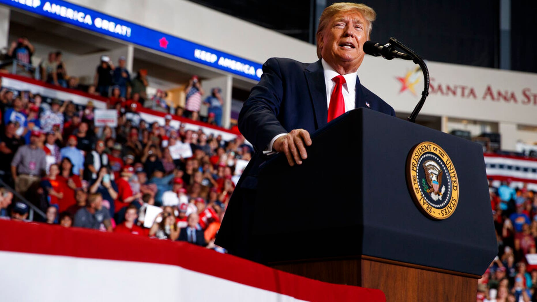 President Donald Trump speaks during a campaign rally at the Santa Ana Star Center, Monday, Sept. 16, 2019, in Rio Rancho, N.M. (AP Photo/Evan Vucci)