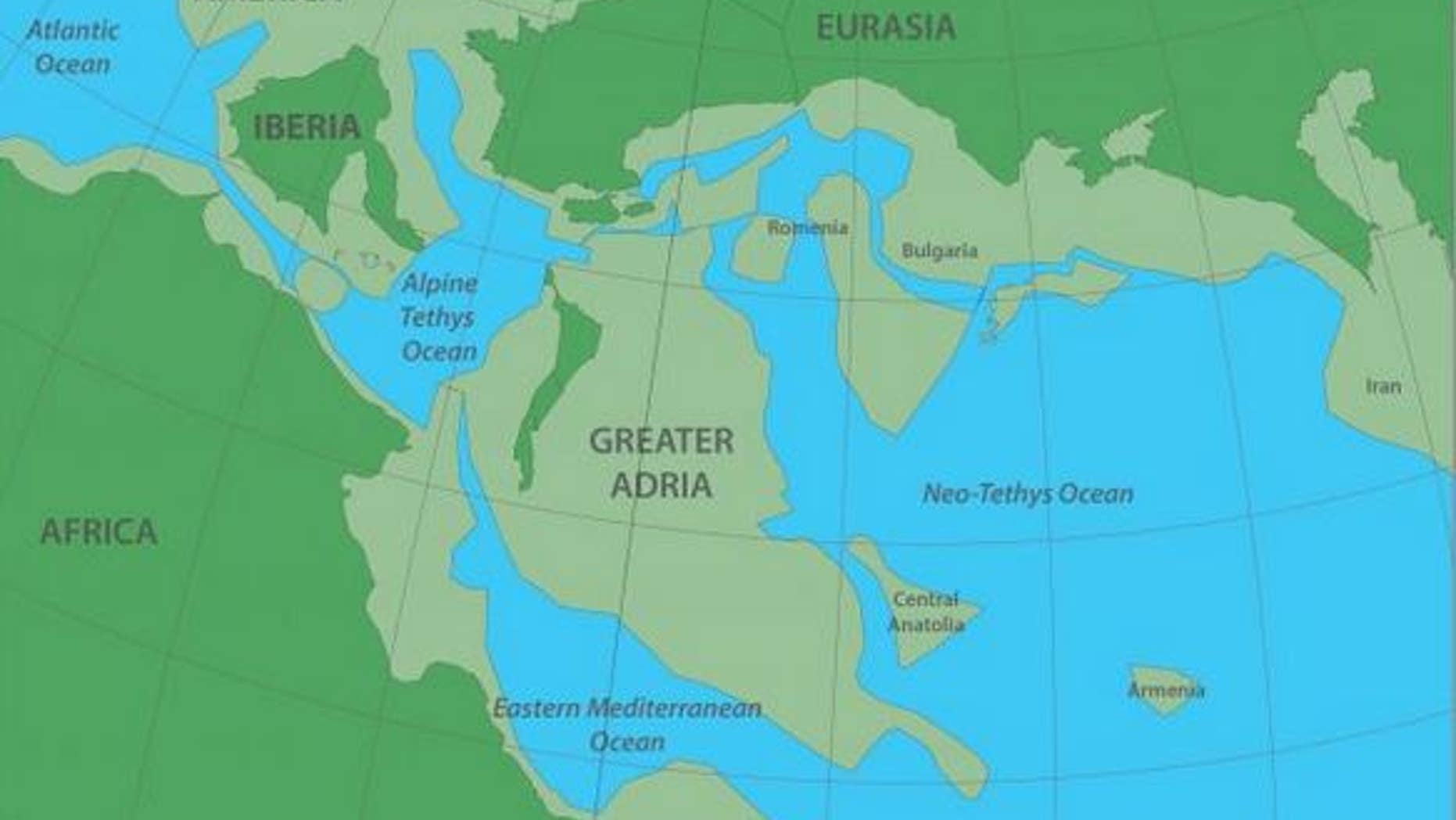 Greater Adria as it existed 140 million years ago, before sliding beneath what is now southern europe. The darker green areas depict the land above the water and the lighter green, the land below. (Image: © Douwe van Hinsbergen)