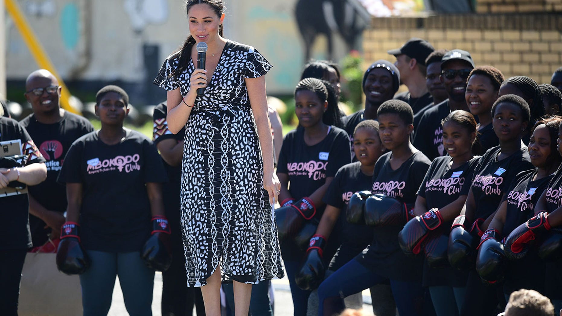 Meghan, Duchess of Sussex makes a speech as she visits a Justice Desk initiative in Nyanga township with Prince Harry, Duke of Sussex, during their royal tour of South Africa on September 23, 2019 in Cape Town, South Africa.
