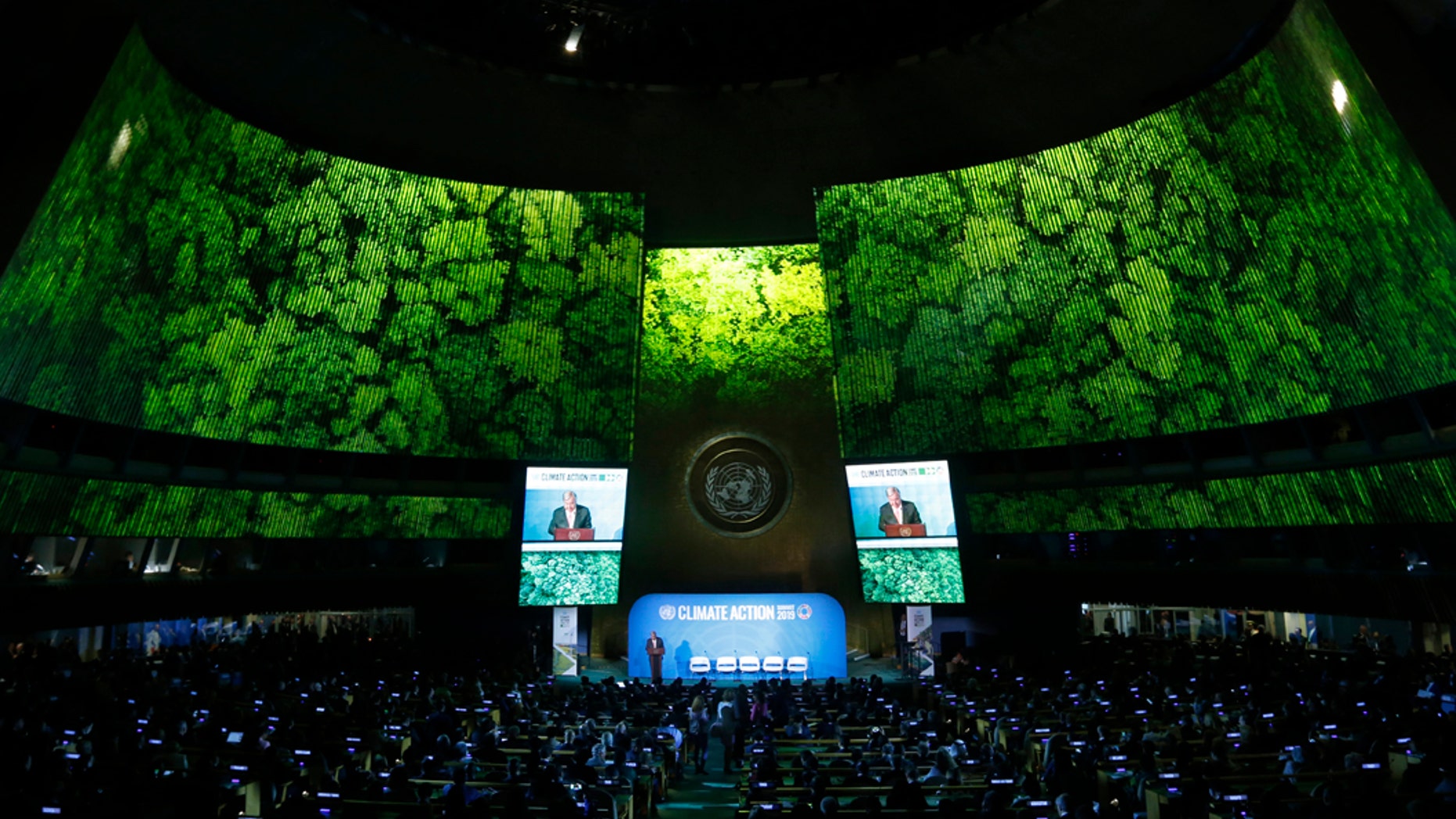 Secretary-General Antonio Guterres addresses the Climate Summit in the United Nations General Assembly at U.N. headquarters, Monday, Sept. 23, 2019. (AP Photo/Jason DeCrow)
