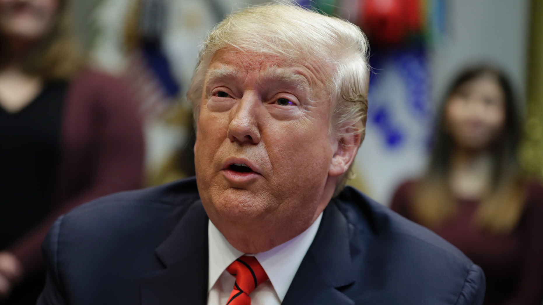 President Donald Trump speaks to NASA astronauts carrying out the first ever all-female spacewalk, during a call from the Roosevelt Room of the White House, Friday, Oct. 18, 2019, in Washington. (AP Photo/Evan Vucci)