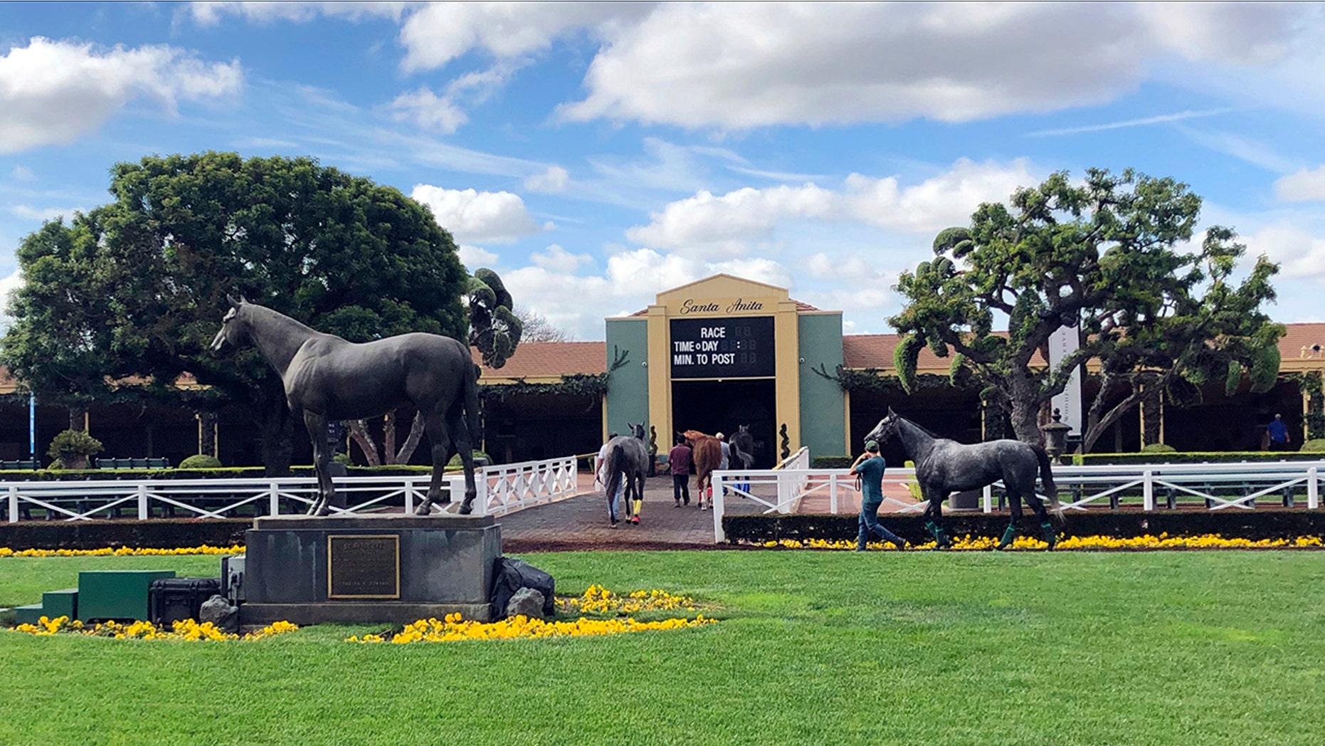 FILE - In this March 28, 2019, file photo, horses are led to paddocks past the Seabiscuit statue during workouts at Santa Anita Park in Arcadia, Calif. A 3-year-old gelding was fatally injured in the fifth race at Santa Anita on Saturday, becoming the 34th horse to die at the track since December. (AP Photo/Amanda Lee Myers, File)