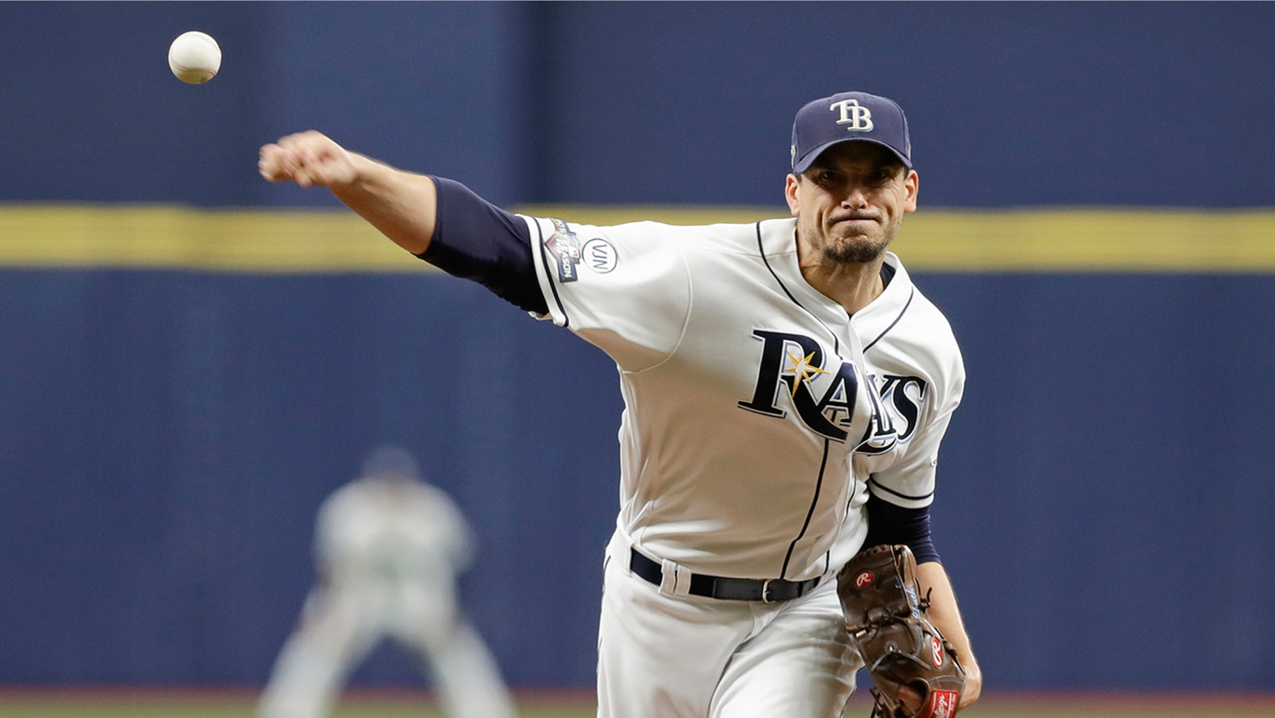 Tampa Bay Rays starting pitcher Charlie Morton (50) throws during the first inning of Game 3 of a baseball American League Division Series against the Houston Astros, Monday, Oct. 7, 2019, in St. Petersburg, Fla. (AP Photo/Chris O'Meara, Pool)