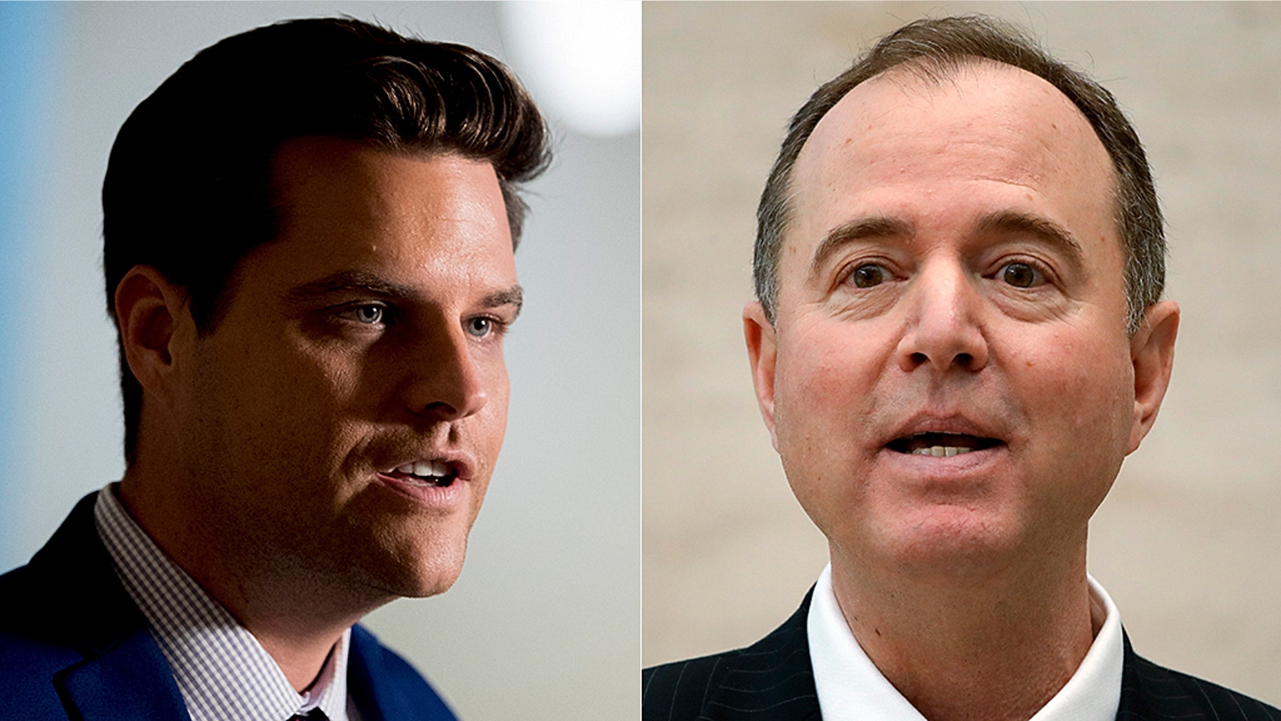 Rep. Matt Gaetz, R-Fla., (left) filed a formal ethics complaint against House Intelligence Committee Chairman Adam Schiff, D-Calif. (right.)