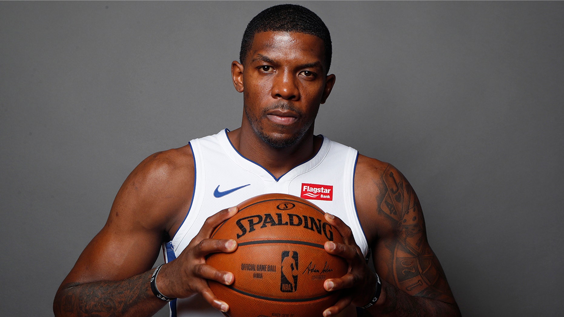 FILE - In this Sept. 20, 2019, file photo, Detroit Pistons guard Joe Johnson poses during the NBA basketball team's media day in Auburn Hills, Mich. The Pistons now have the top picks from the 2008 and 2009 NBA drafts in Derrick Rose and Blake Griffin. Rose, Griffin and Johnson have combined for 16 All-Star selections, although the last time they made it at the same time was in 2012. (AP Photo/Carlos Osorio, File)