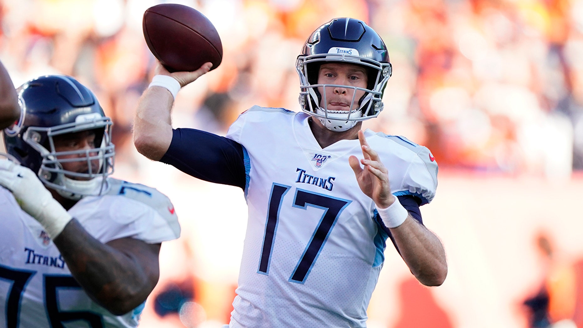 Tennessee Titans quarterback Ryan Tannehill throws a pass during the second half of an NFL football game against the Denver Broncos, Sunday, Oct. 13, 2019, in Denver. (AP Photo/Jack Dempsey)