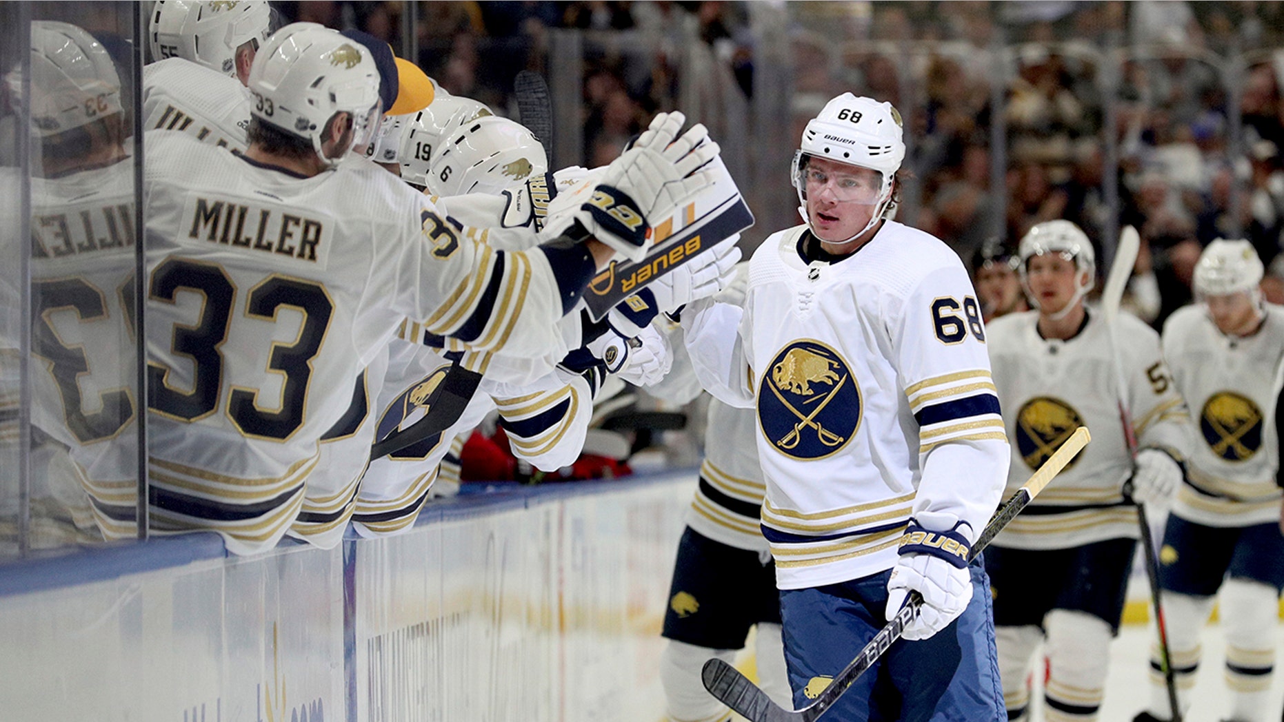 Buffalo Sabres left wing Victor Olofsson (68) celebrates after scoring a goal during the first period of an NHL hockey game against the New Jersey Devils, Saturday, Oct. 5, 2019, in Buffalo, N.Y. (AP Photo/Bryan Bennett)