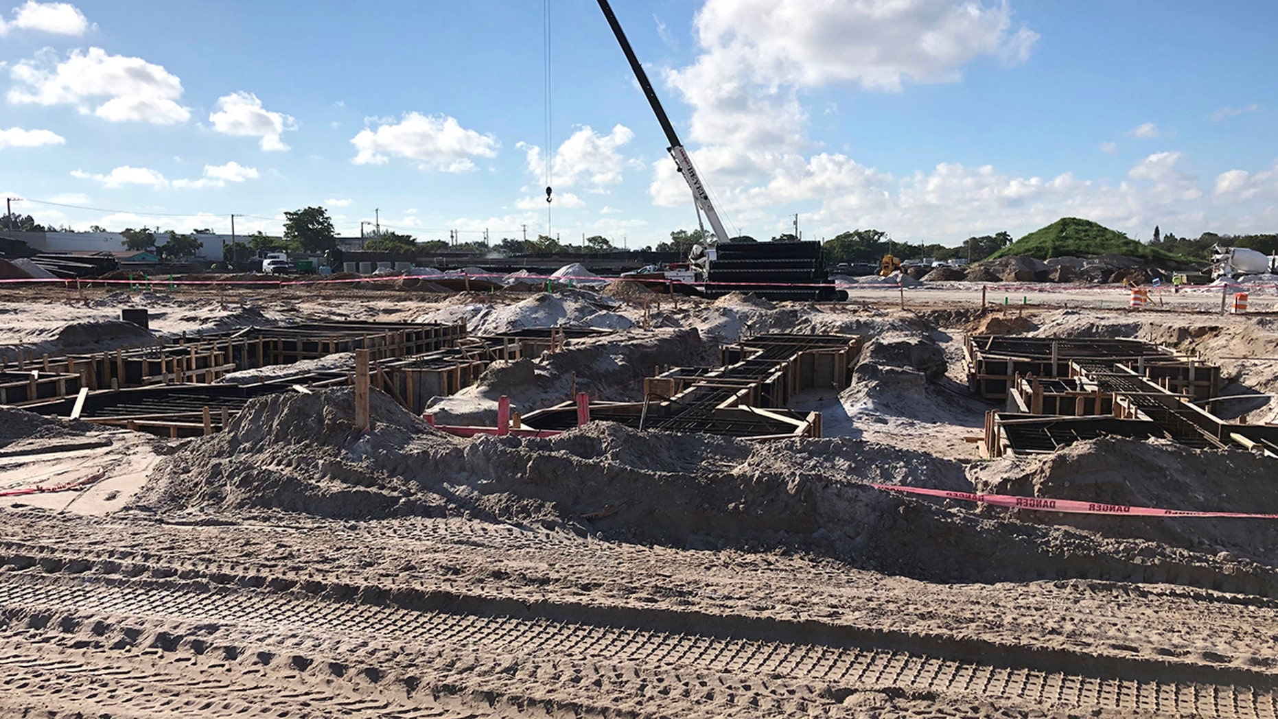 This Monday, Oct. 21, 2019, photo shows construction continuing at the stadium site for David Beckham’s MLS soccer team that will debut in 2020 at the site of the former Lockhart Stadium in Fort Lauderdale, Fla. (AP Photo/Tim Reynolds)