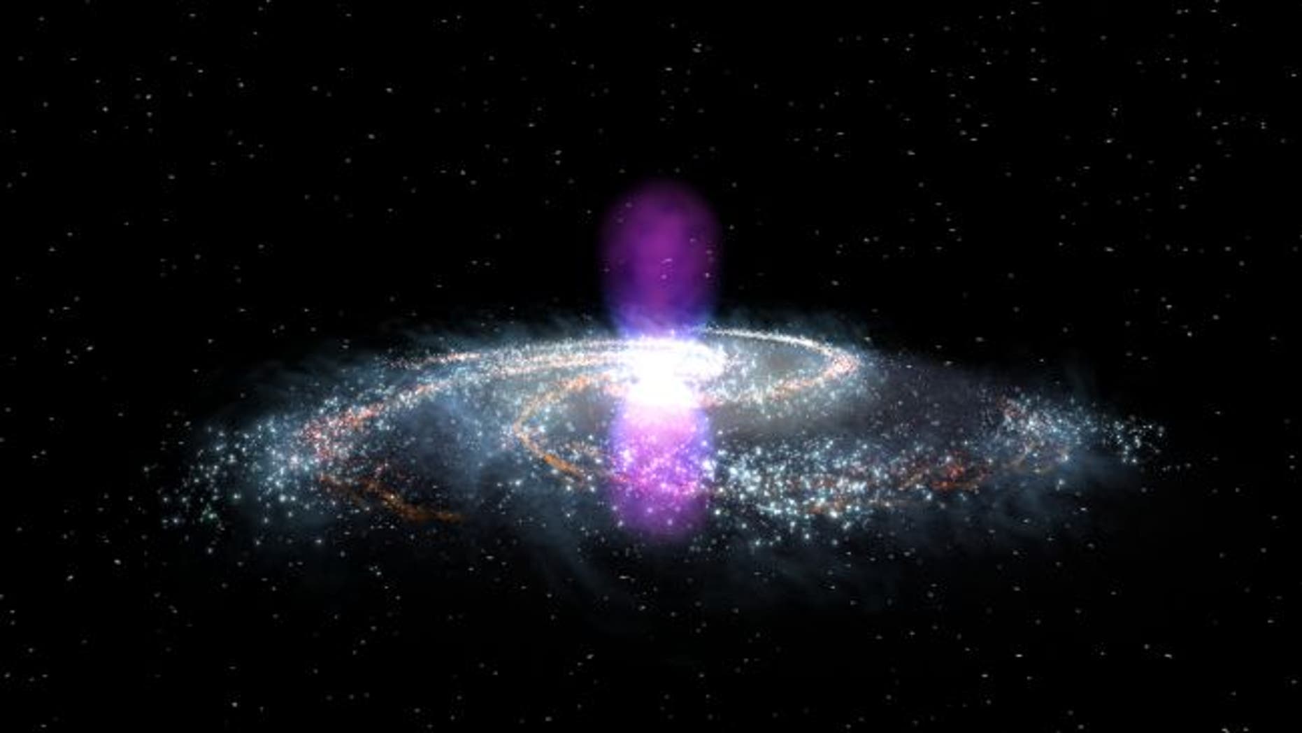 The Fermi bubbles, illustrated in gamma-ray light here, tower over the Milky Way and speak to a gargantuan cosmic explosion from the center of our galaxy. New research attempts to pinpoint that explosion's date.(Image: © NASA Goddard)
