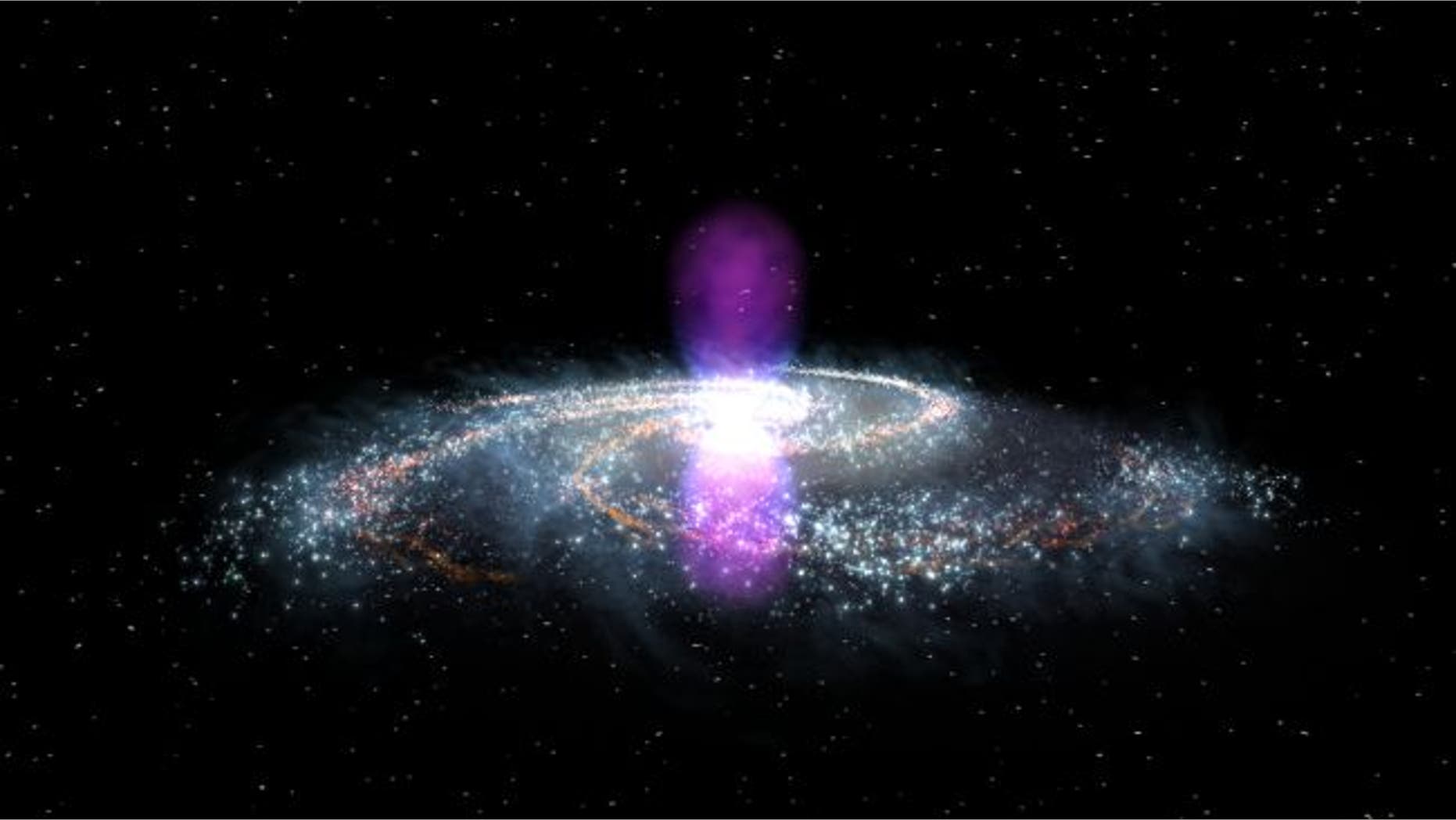 The Fermi bubbles, illustrated in gamma-ray light here, tower over the Milky Way and speak to a gargantuan cosmic explosion from the center of our galaxy. New research attempts to pinpoint that explosion's date. (Credit: NASA Goddard)