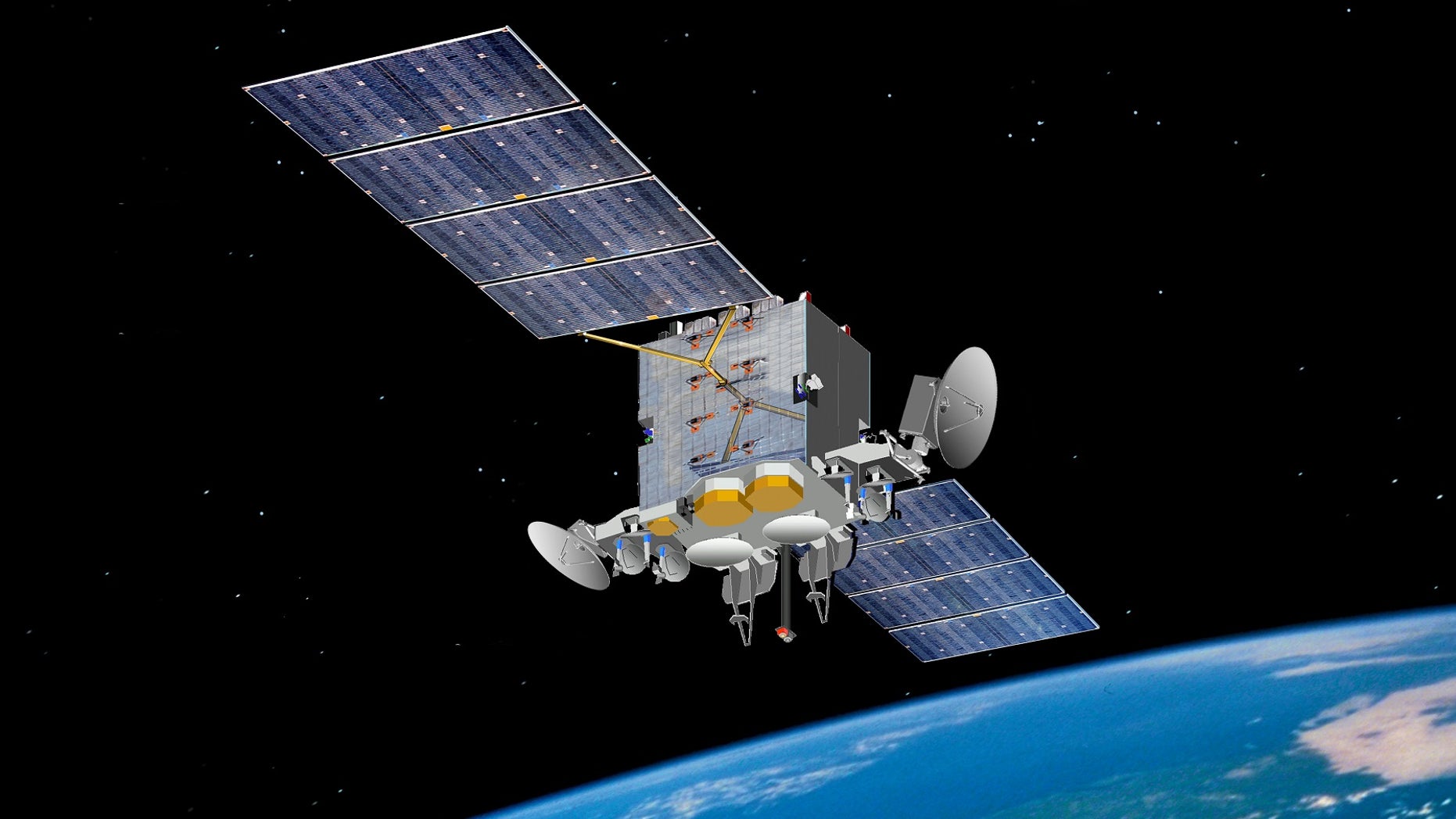 Artist's impression of the Advanced Extremely High Frequency satellite. (DoD image by the Space and Missile Systems Center courtesy of the 50th Space Wing)