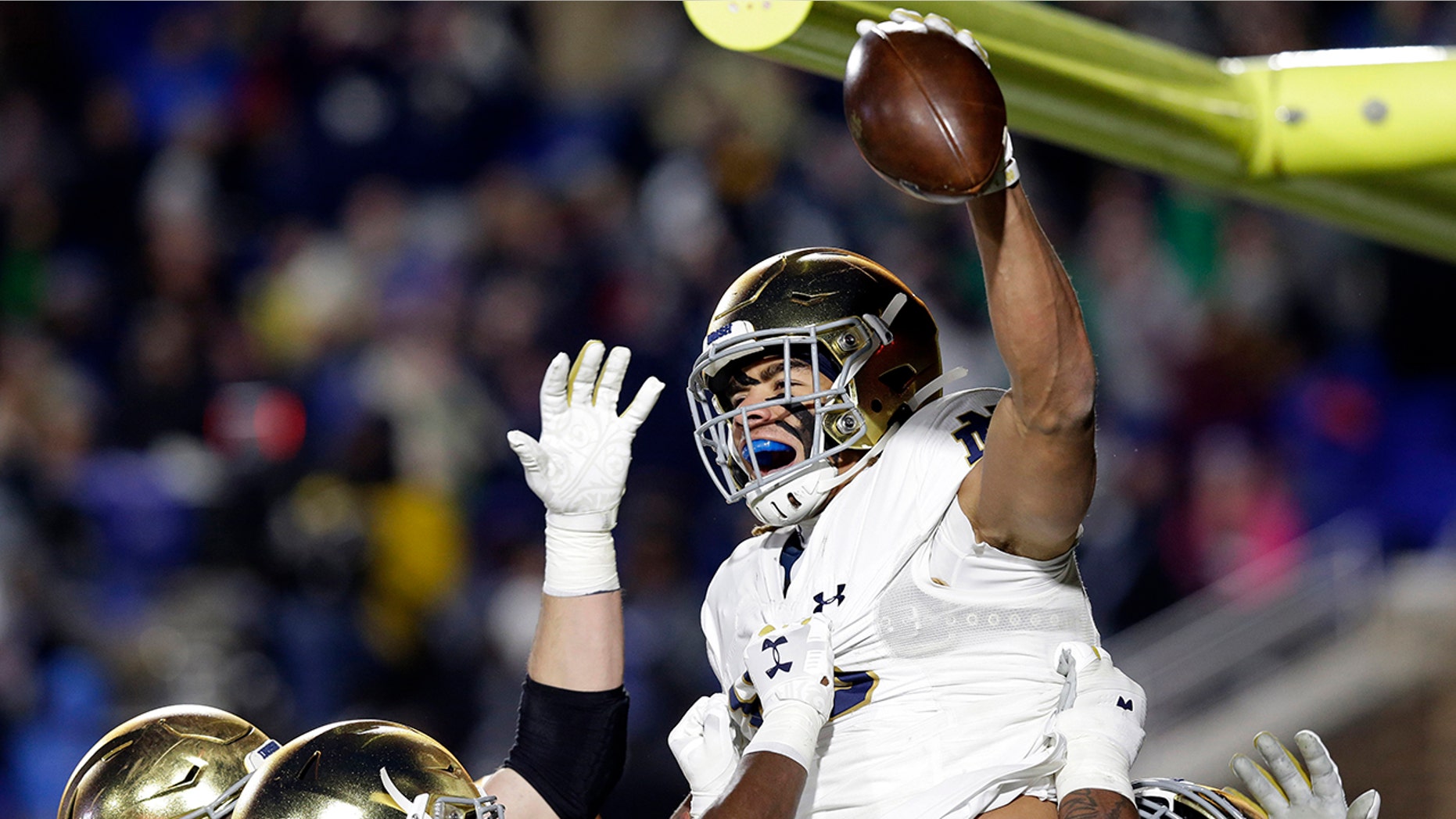 Notre Dame wide receiver Chase Claypool (83) celebrates a touchdown against Duke during the first half of an NCAA college football game in Durham, N.C., Saturday, Nov. 9, 2019. (AP Photo/Gerry Broome)