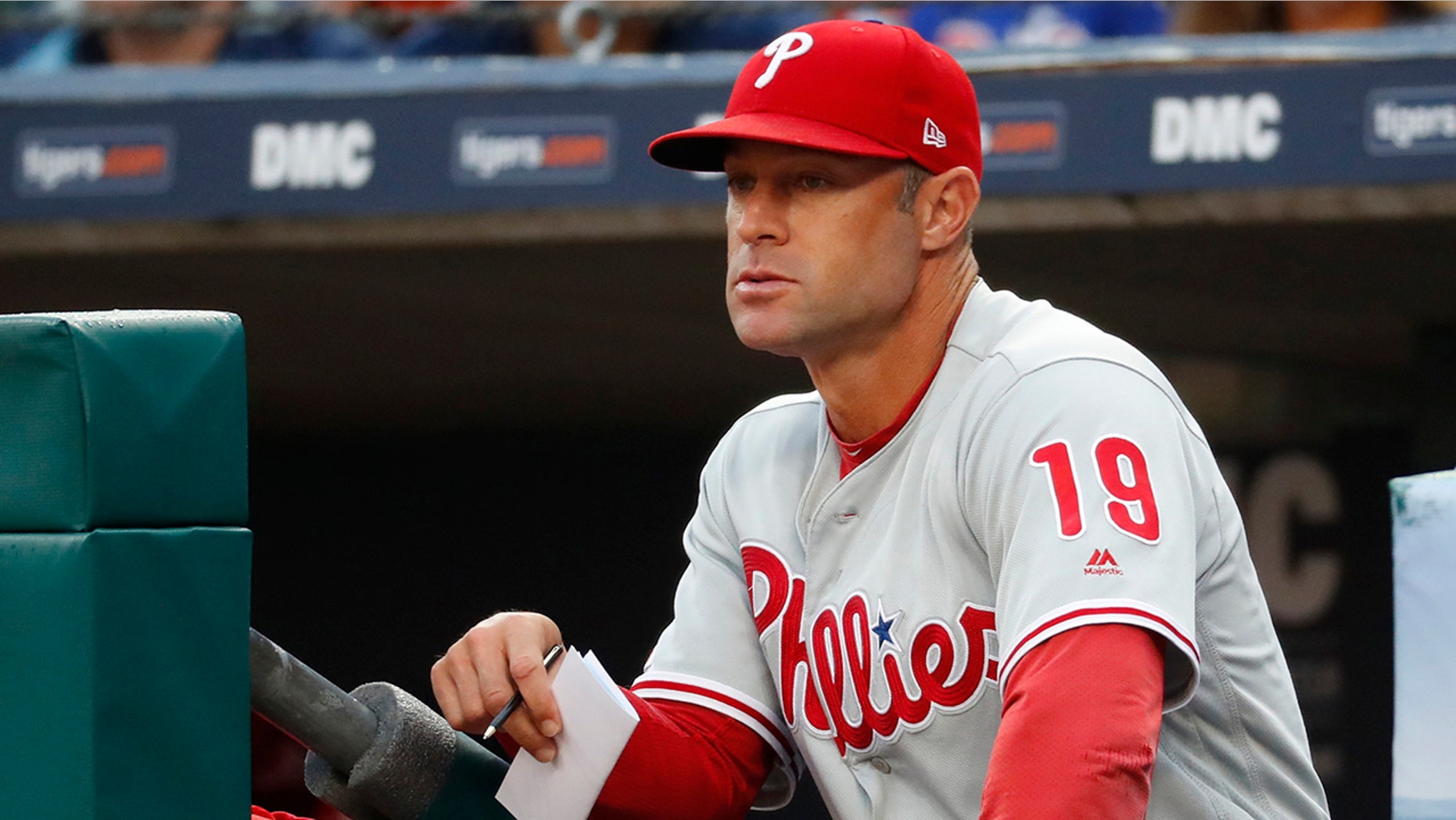 FILE - In this July 23, 2019, file photo, Philadelphia Phillies manager Gabe Kapler watches the team play the Detroit Tigers in the first inning of a baseball game in Detroit. Kapler is new manager of the San Francisco Giants, replacing Bruce Bochy, who retired when the season ended. The Giants made the announcement late Tuesday, Nov. 12, and planned a formal introduction to follow. The 44-year-old Kapler was fired Oct. 10 after two seasons in Philadelphia and a 161-163 record. (AP Photo/Paul Sancya, File)