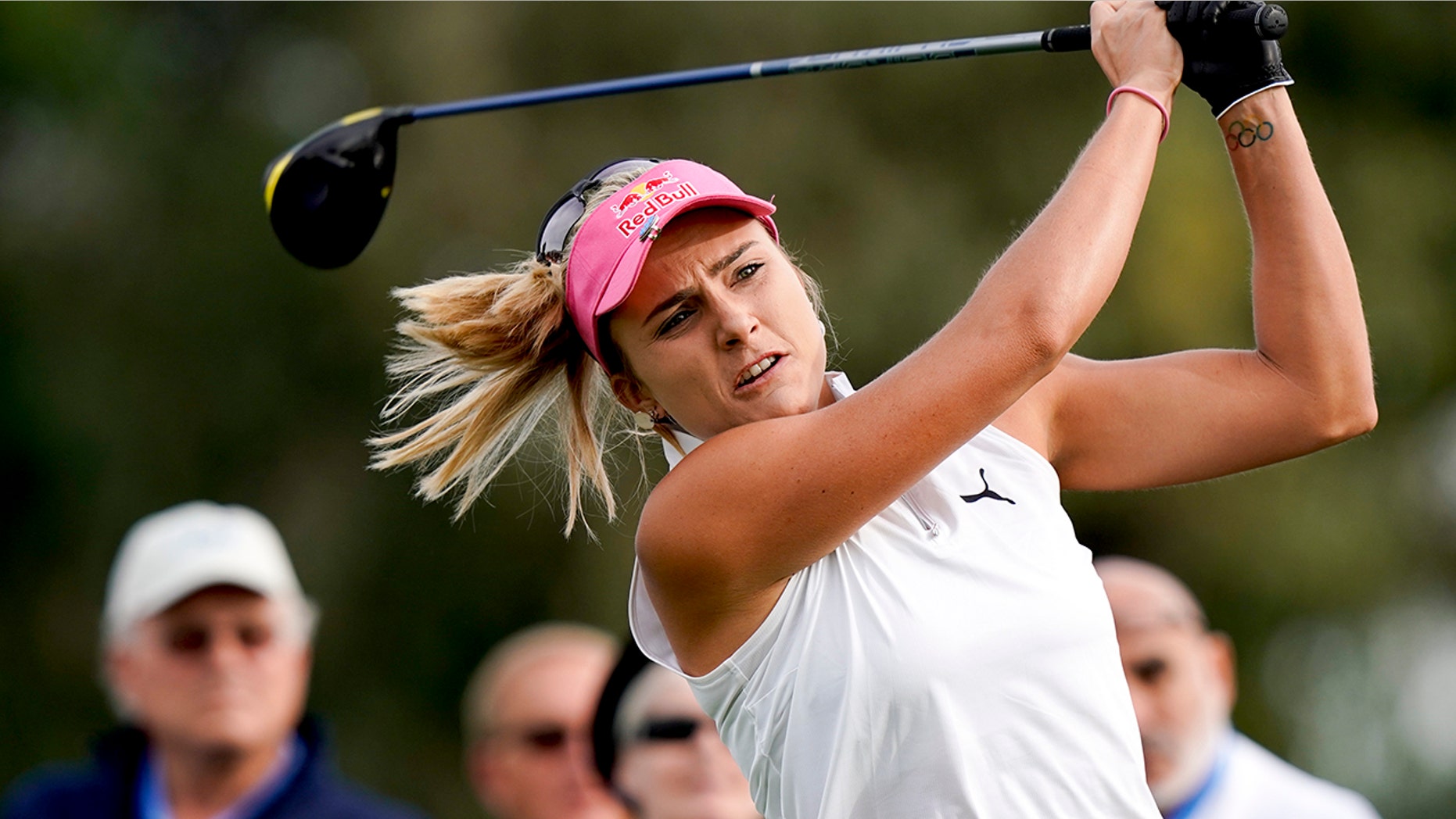 FILE - In this Thursday, April 4, 2019 file photo, Lexi Thompson hits her tee shot on the second hole during the first round of the LPGA Tour ANA Inspiration golf tournament at Mission Hills Country Club in Rancho Mirage, Calif. Thompson has gone five years since her only major title. (AP Photo/Chris Carlson, File)