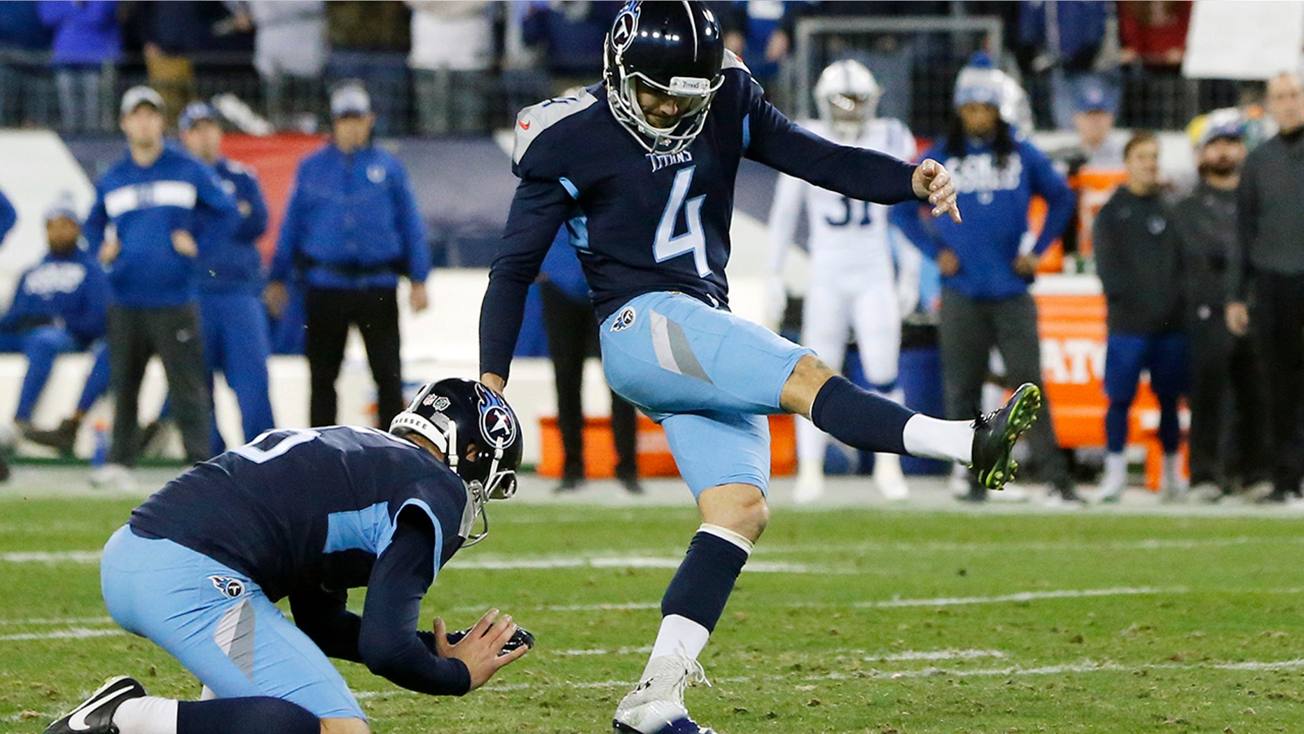 FILE - In this Sunday, Dec. 30, 2018 file photo, Tennessee Titans kicker Ryan Succop (4) kicks a 38-yard field goal against the Indianapolis Colts in the first half of an NFL football game in Nashville, Tenn. The Titans already have missed eight field goals through 10 games, matching their worst seasons of 2001 and 2004. It’s why they rank dead last in the NFL converting just 46.7 percent (7 of 15).(AP Photo/James Kenney, File)