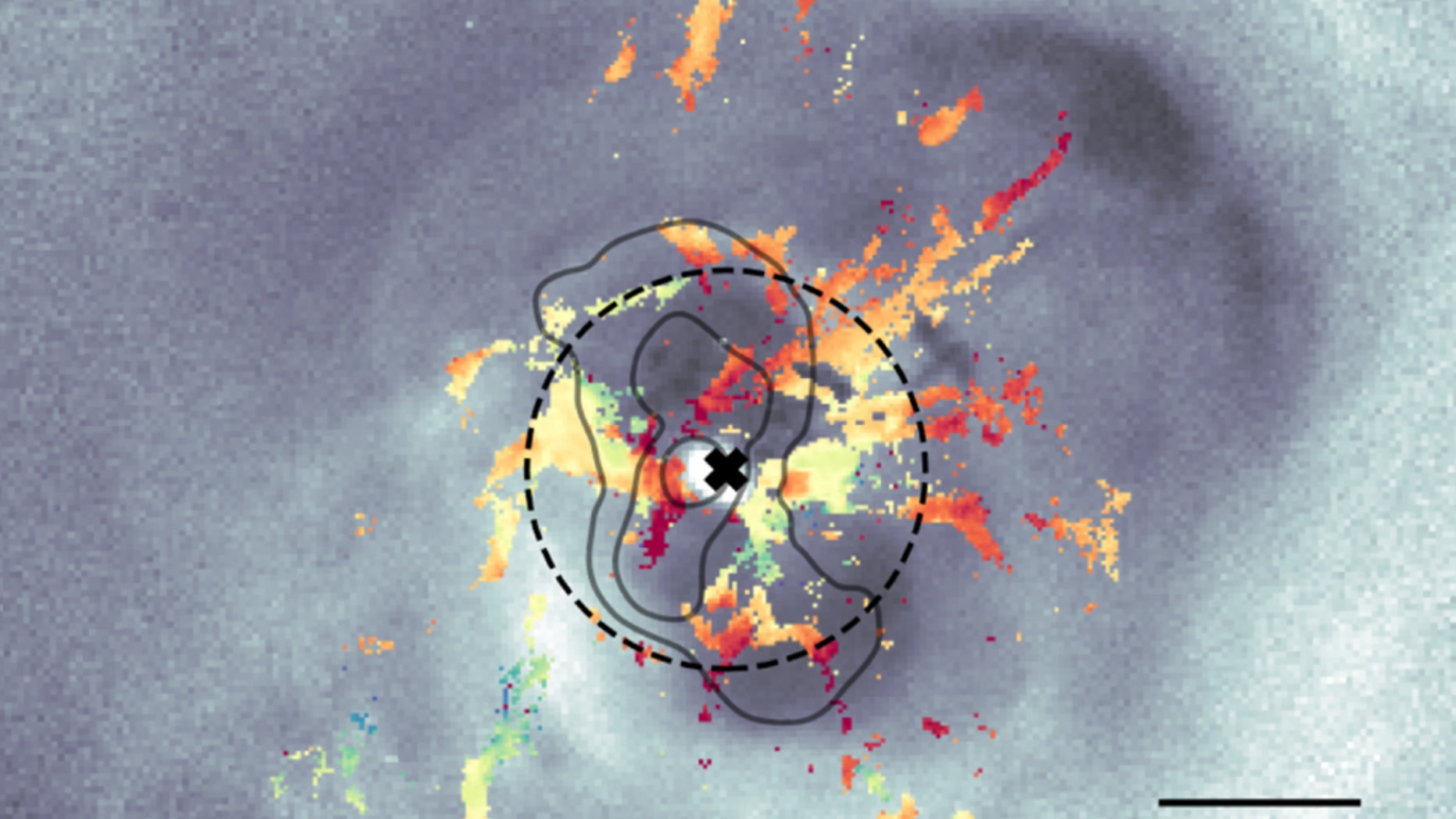 An image shows how galaxy-sized bubbles shove gas around in the Perseus galaxy cluster. The X at the center of the image shows the location of the supermassive black hole at its center. (Credit: Li et al.)
