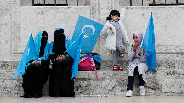 Uighur women hold East Turkestan flags at the courtyard of Fatih Mosque, a common meeting place for pro-Islamist demonstrators, during a protest against China, in Istanbul, Turkey, November 6, 2018. REUTERS/Murad SezerÂ