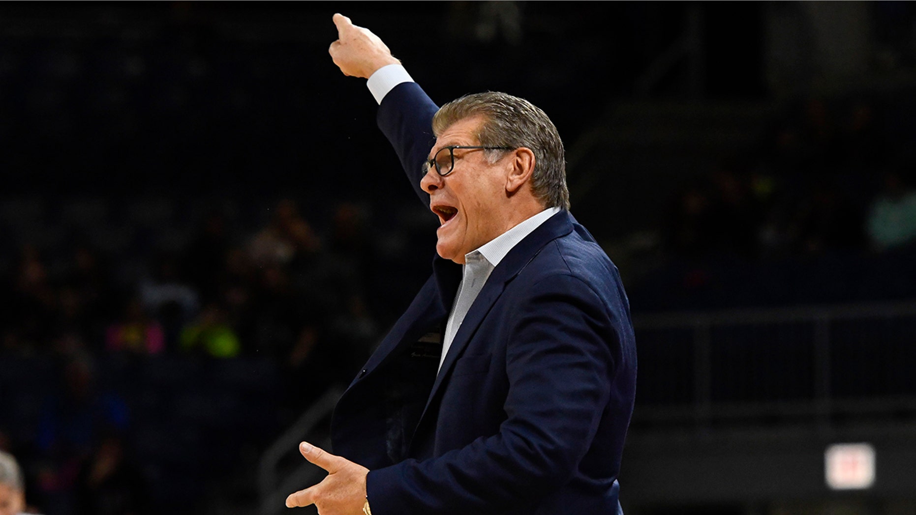 Connecticut head coach Geno Auriemma directs his team during the first half of an NCAA college basketball game against DePaul on Monday, Dec. 16, 2019. in Chicago, Ill. (AP Photo/Matt Marton)