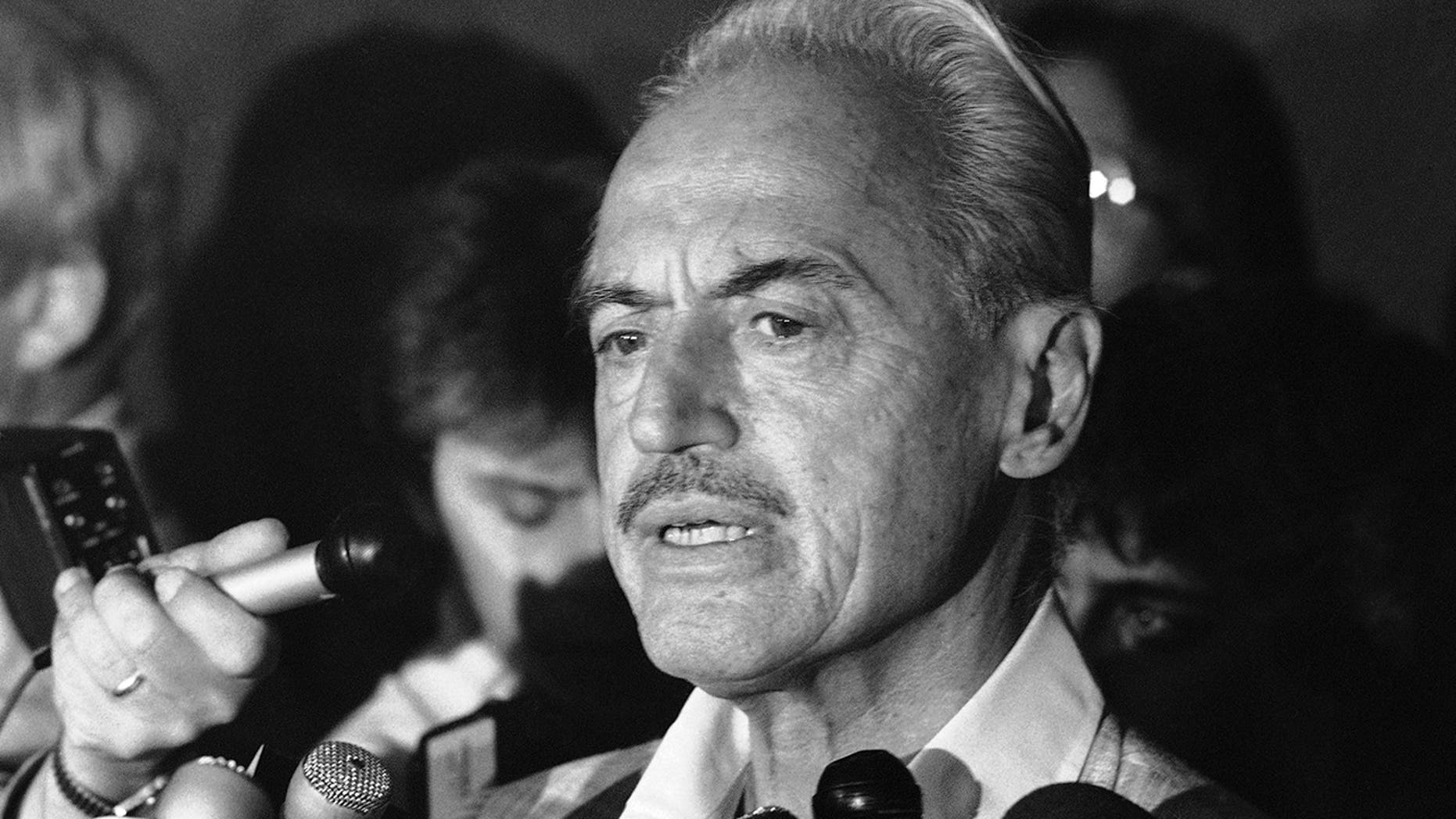 FILE - This July 16, 1981 file photo shows baseball union leader Marvin Miller speaking to reporters after rejecting a proposal to end a baseball strike, in New York. Miller, the union leader who revolutionized baseball by empowering players to negotiate multimillion-dollar contracts and to play for teams of their own choosing, was elected to baseball's Hall of Fame on Sunday, Dec. 8, 2019. (AP Photo/Howard, File)