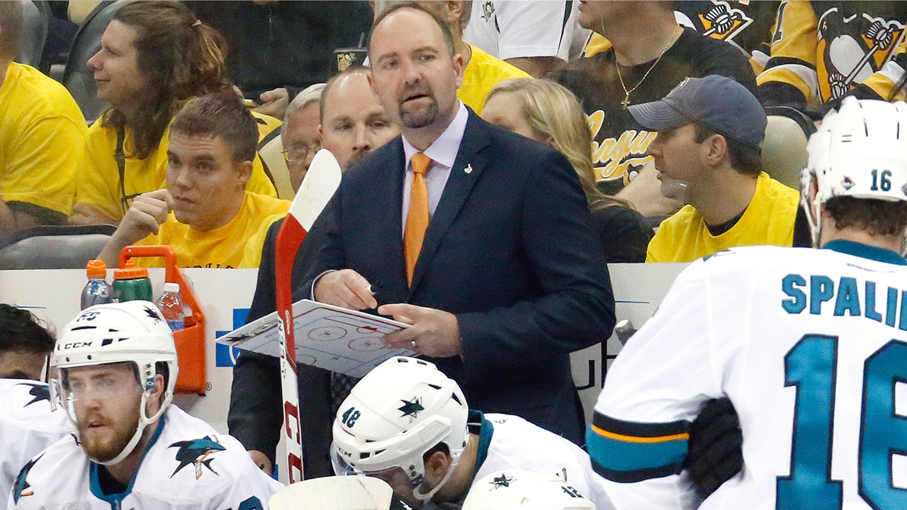 FILE - In this Monday, May 30, 2016 file photo, San Jose Sharks head coach Peter DeBoer watches action from the bench during the first period in Game 1 of the Stanley Cup final against the Pittsburgh Penguins series in Pittsburgh. The San Jose Sharks have fired coach Peter DeBoer, a person with direct knowledge of the move said, Wednesday, Dec. 11, 2019. The person spoke to The Associated Press on condition of anonymity because the firing hadn't been formally announced. (AP Photo/Keith Srakocic, File)