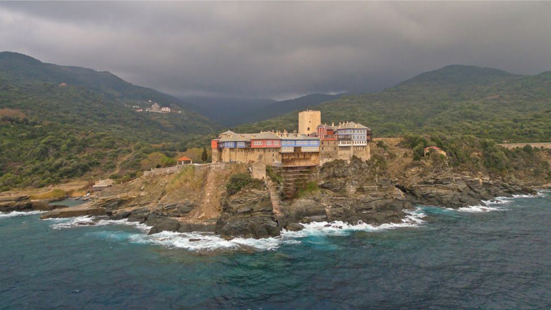 Aerial view of the Pantokratoros Monastery on Nov. 07, 2017, in Mount Athos, Greece. (Credit: Athanasios Gioumpasis/Getty)