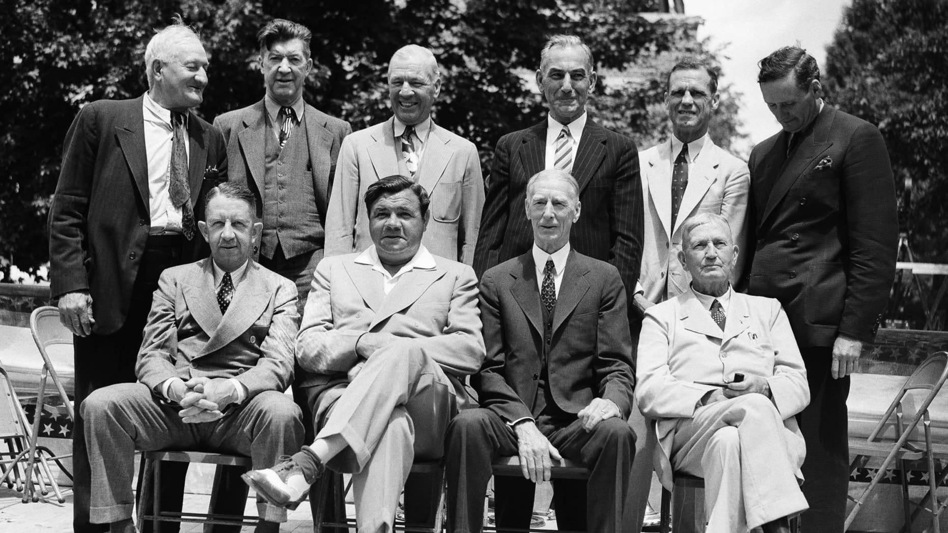 File - In this June 12, 1939 file photo, these baseball stars were pictured as they attended the dedication and their induction into the Baseball Hall of Fame in Cooperstown, N.Y. Front row; Eddie Collins, Babe Ruth, Connie Mack, Cy Young; Rear row left to right; Hans Wagner, Grover Cleveland Alexander, Tris Speaker, Napoleon Lajoie, George Sisler and Walter Johnson. (AP Photo/File)