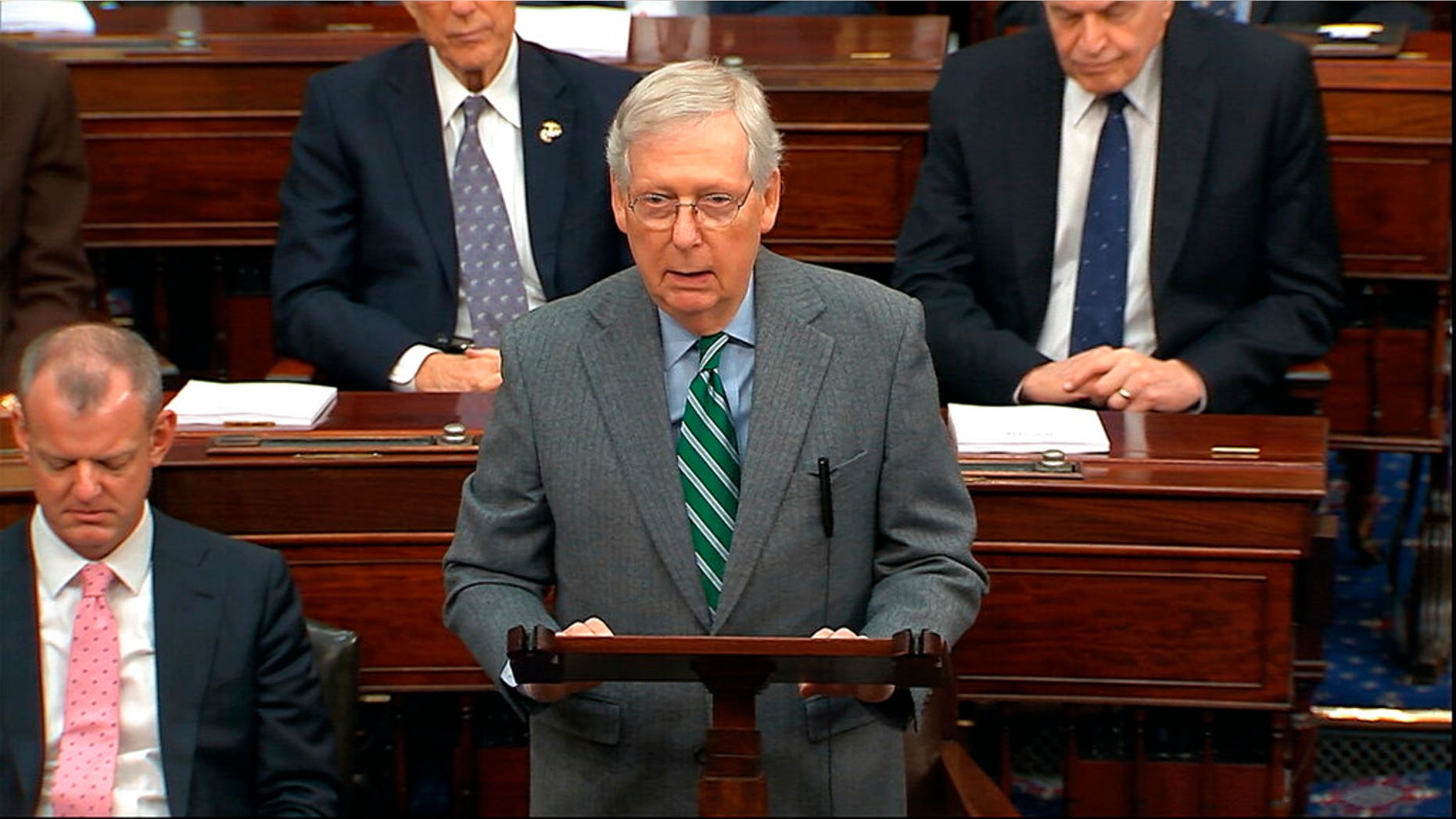 In this image from video, Majority Leader Sen. Mitch McConnell, R-Ky., speaks as the impeachment trial against President Donald Trump begins in the Senate at the U.S. Capitol in Washington, Thursday, Jan. 16, 2020. (Senate Television via AP)