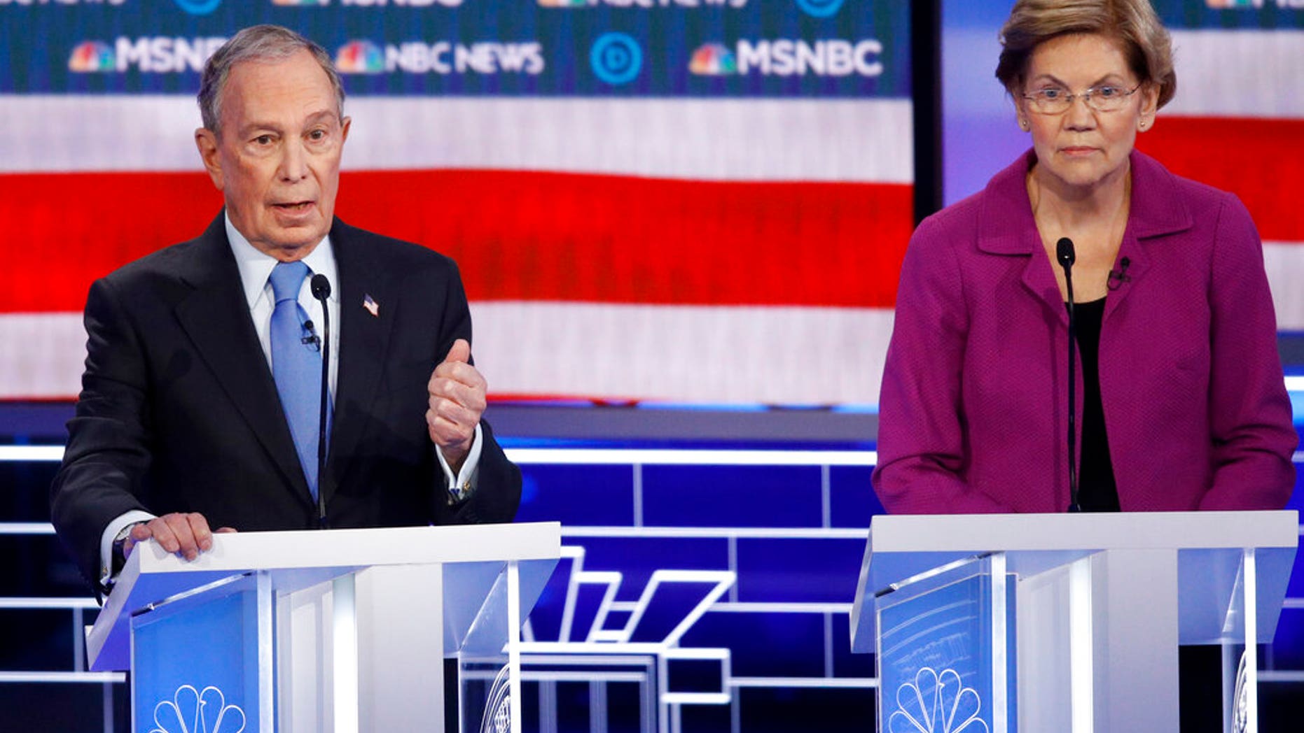Democratic presidential candidates, former New York City Mayor Mike Bloomberg and Sen. Elizabeth Warren, D-Mass., at the Democratic presidential primary debate in Las Vegas. (AP Photo/John Locher)