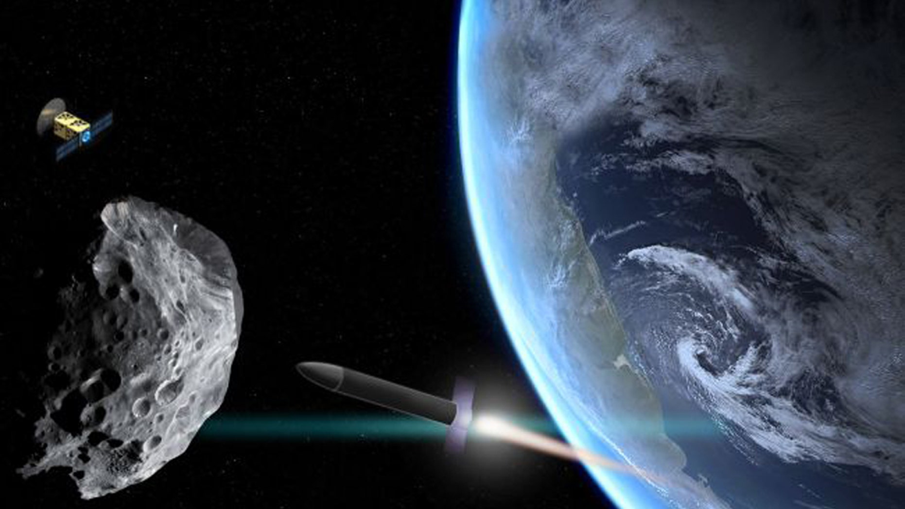 An illustration shows a rocket approaching an asteroid that's drifted too close to Earth. A scout probe orbits nearby. (Credit: Christine Daniloff, MIT)