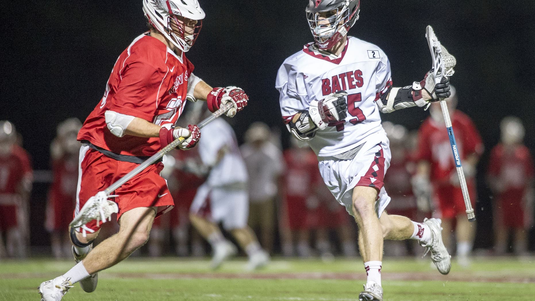 Jack Allard, right, was a two-time All-America selection for the Bates College men’s lacrosse team before he graduated in 2016. Allard, 25, is reportedly in stable but critical condition at the Hospital at the University of Pennsylvania with COVID-19. Credit: Josh Kuckens/Bates College.