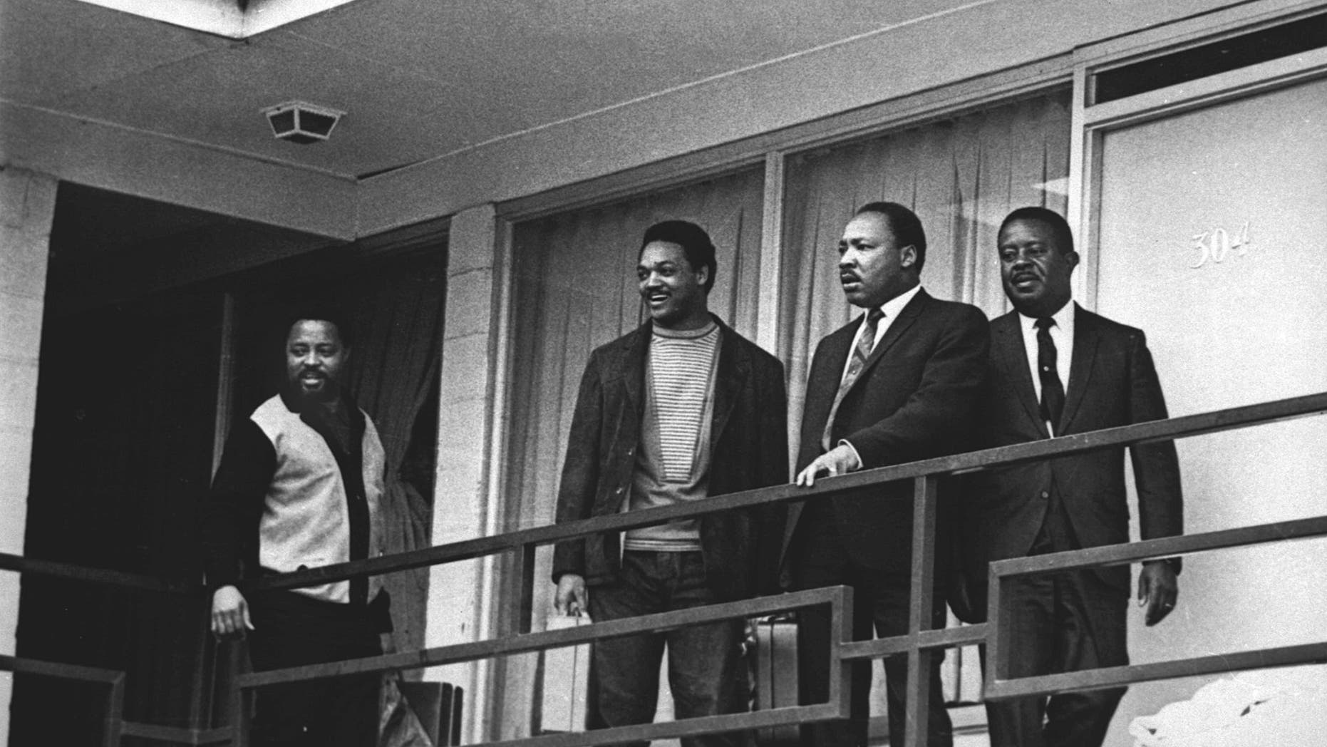 FILE - In this April 3, 1968 file photo, the Rev. Martin Luther King Jr. stands with other civil rights leaders on the balcony of the Lorraine Motel in Memphis, Tenn., a day before he was assassinated at approximately the same place. (AP Photo, File)