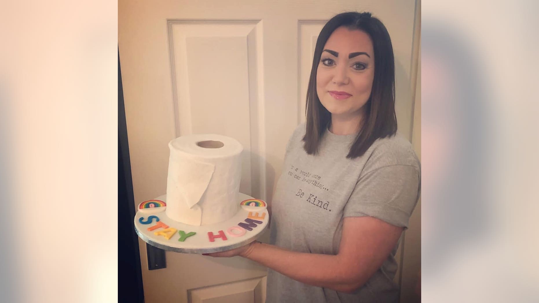 Lisa Jamieson, 38, baked the chocolate fudge sponge cake on Tuesday evening, iced to look like a toilet roll, and emblazoned with icing letters spelling out “STAY HOME.”