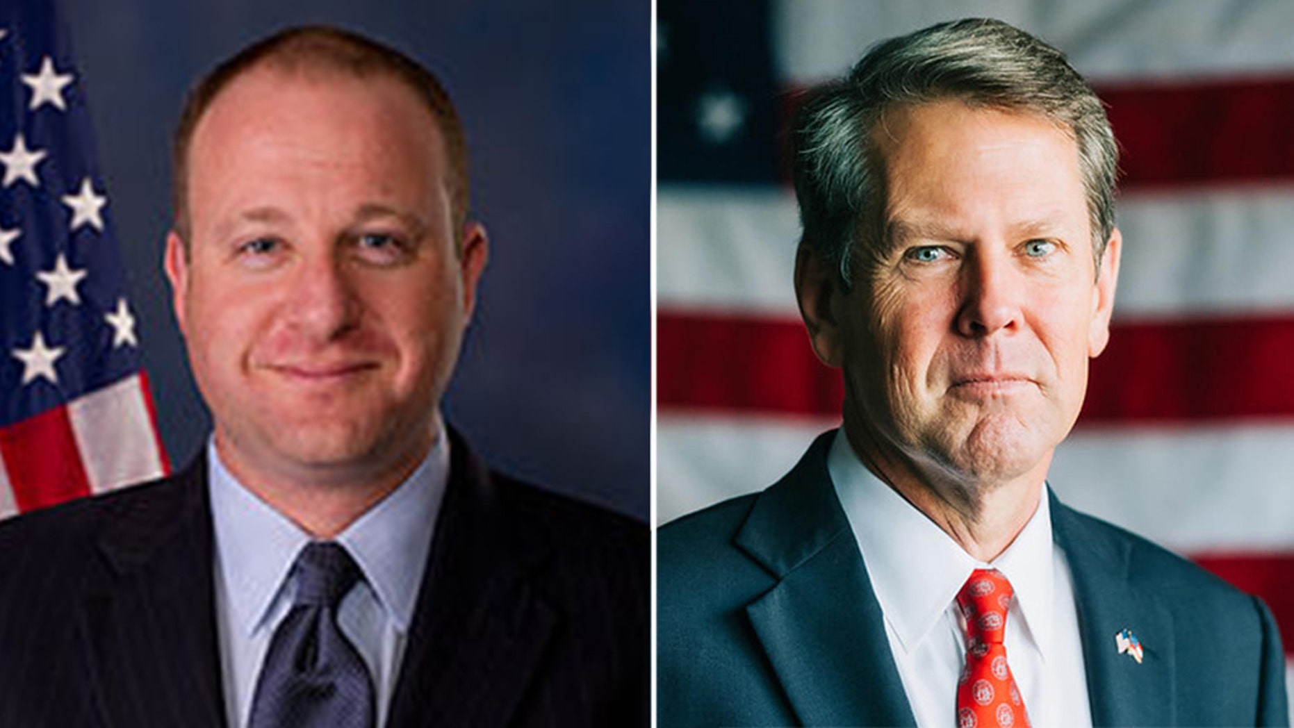 Colorado Gov. Jared Polis, a Democrat, left, and Georgia Gov. Brian Kemp, a Republican, right.